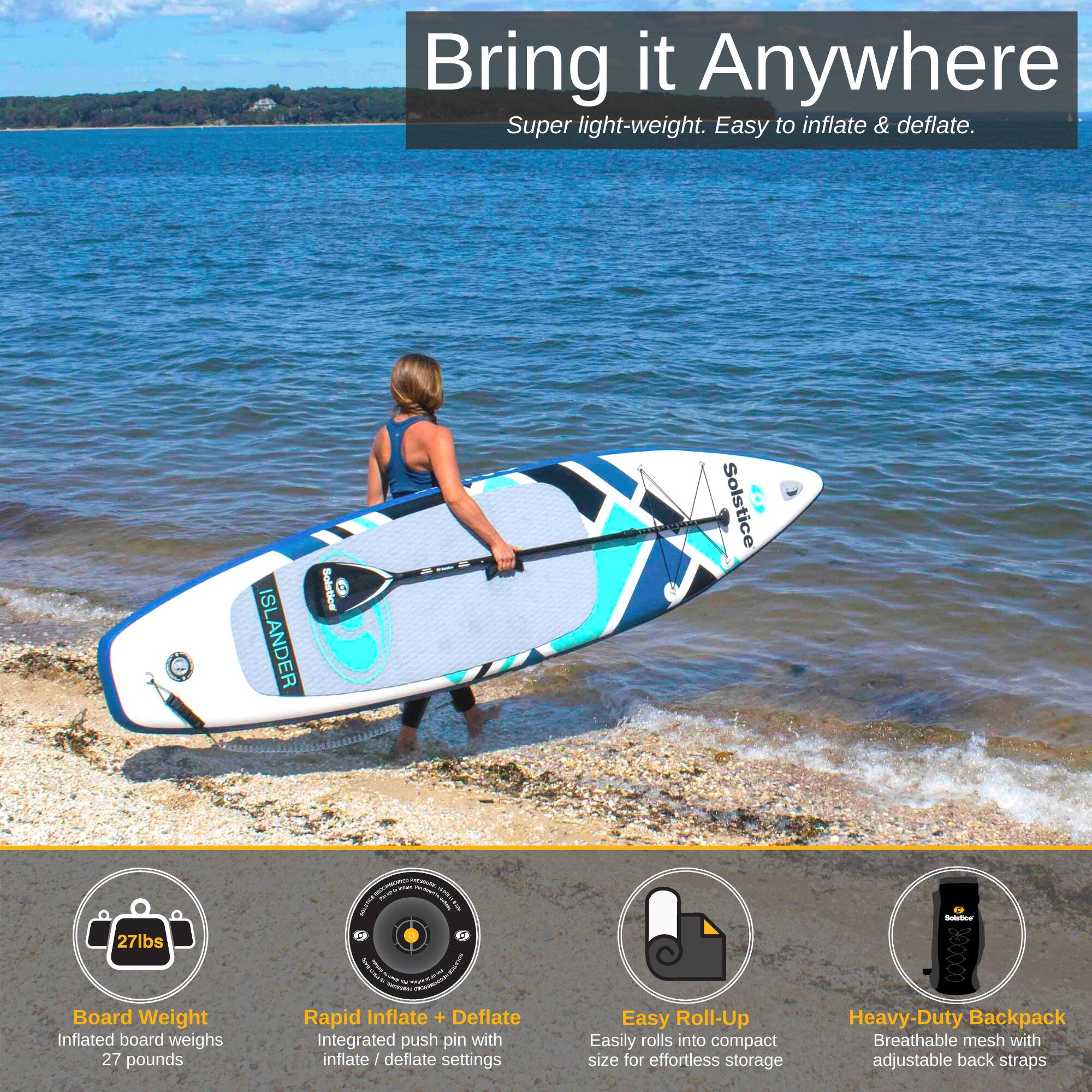 Bring it Anywhere  
Super light-weight. Easy to inflate & deflate.

- **Board Weight**  
  Inflated board weighs 27 pounds

- **Rapid Inflate + Deflate**  
  Integrated push pin with inflate / deflate settings

- **Easy Roll-Up**  
  Easily rolls into compact size for effortless storage

- **Heavy-Duty Backpack**  
  Breathable mesh with adjustable back straps