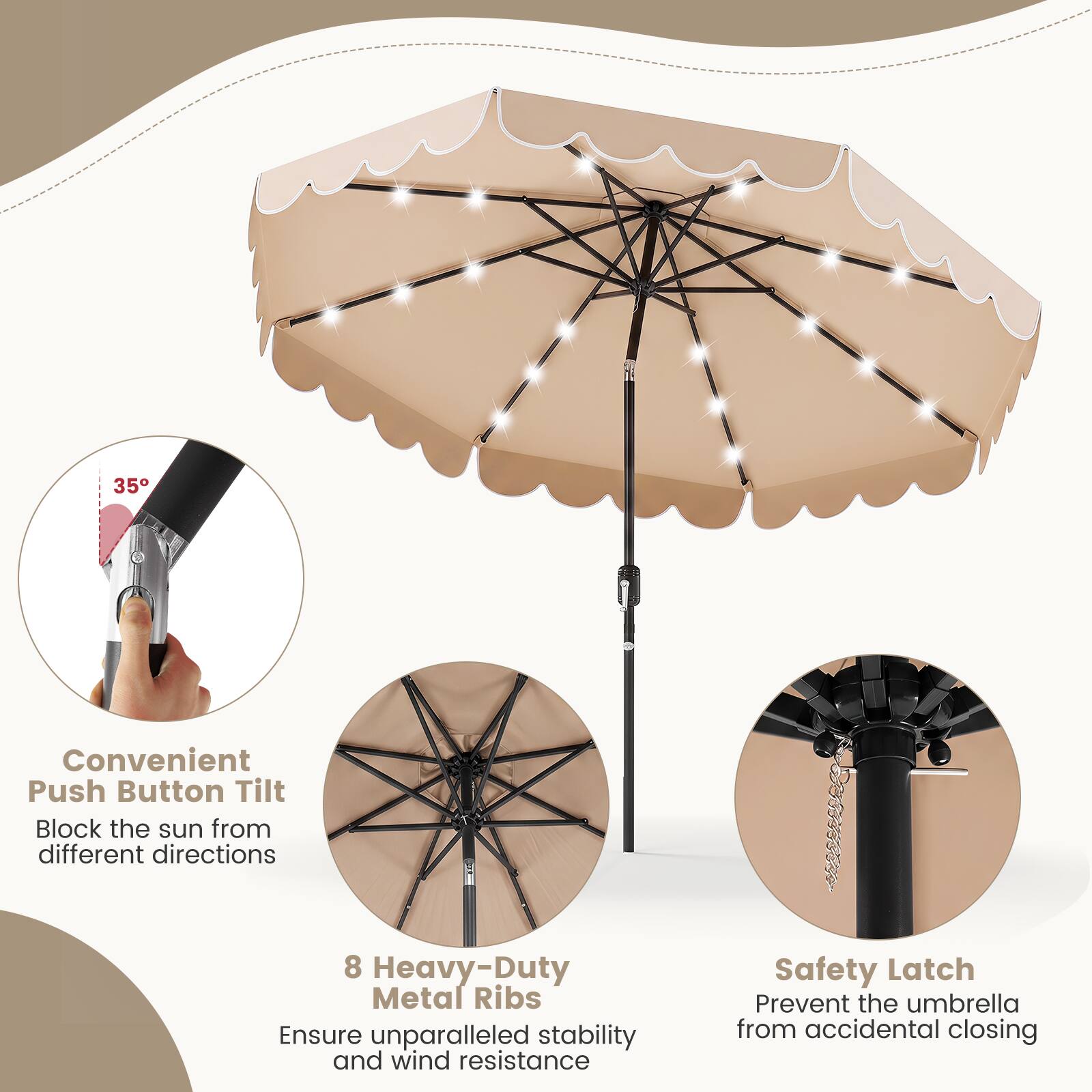 35° Convenient Push Button Tilt: Block the sun from different directions  
8 Heavy-Duty Metal Ribs: Ensure unparalleled stability and wind resistance  
Safety Latch: Prevent the umbrella from accidental closing