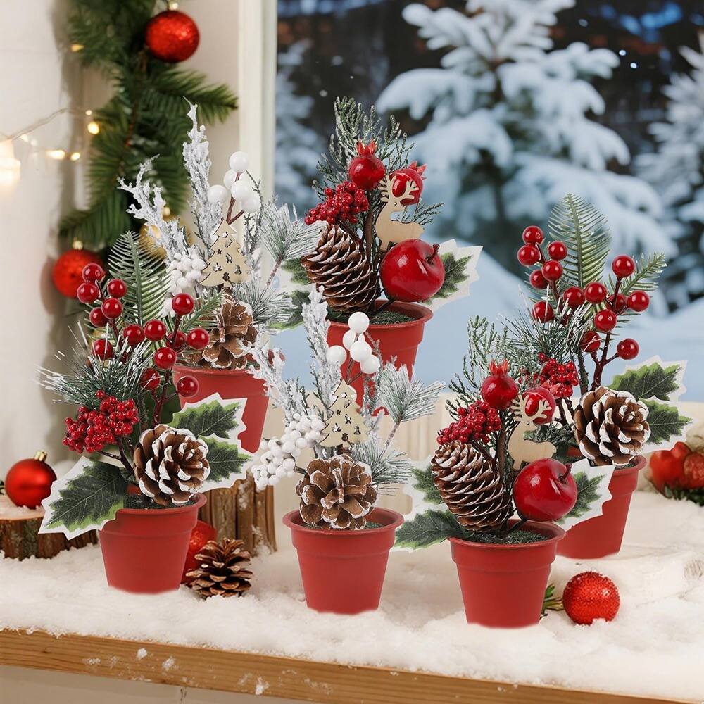 Left. RTMB - Mini Christmas Tree Table Decorations, 6-Piece Artificial Trees with Pine Cones & Red Berries, Holiday Tabletop Centerpi - Red.