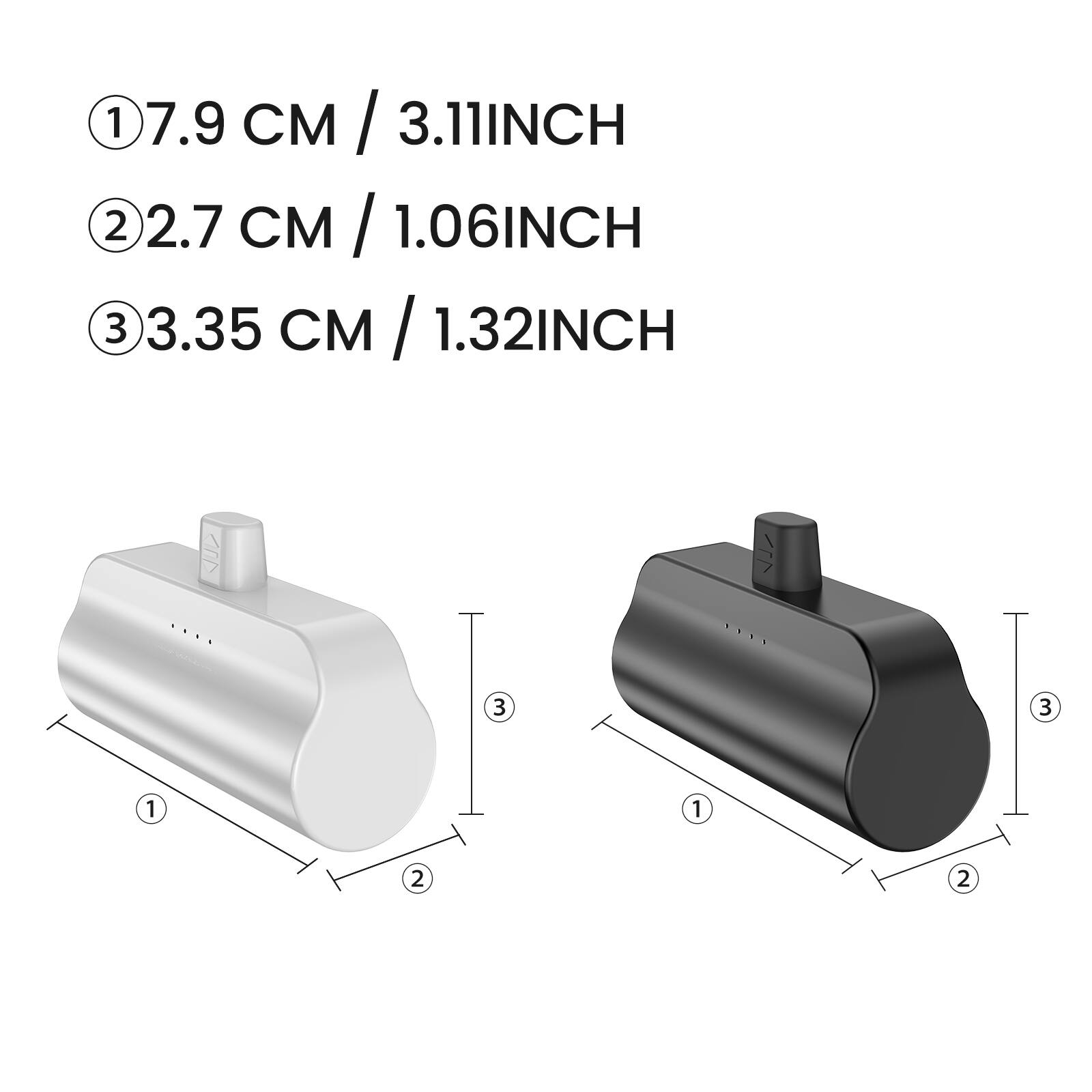 1. 7.9 CM / 3.11 INCH  
2. 2.7 CM / 1.06 INCH  
3. 3.35 CM / 1.32 INCH