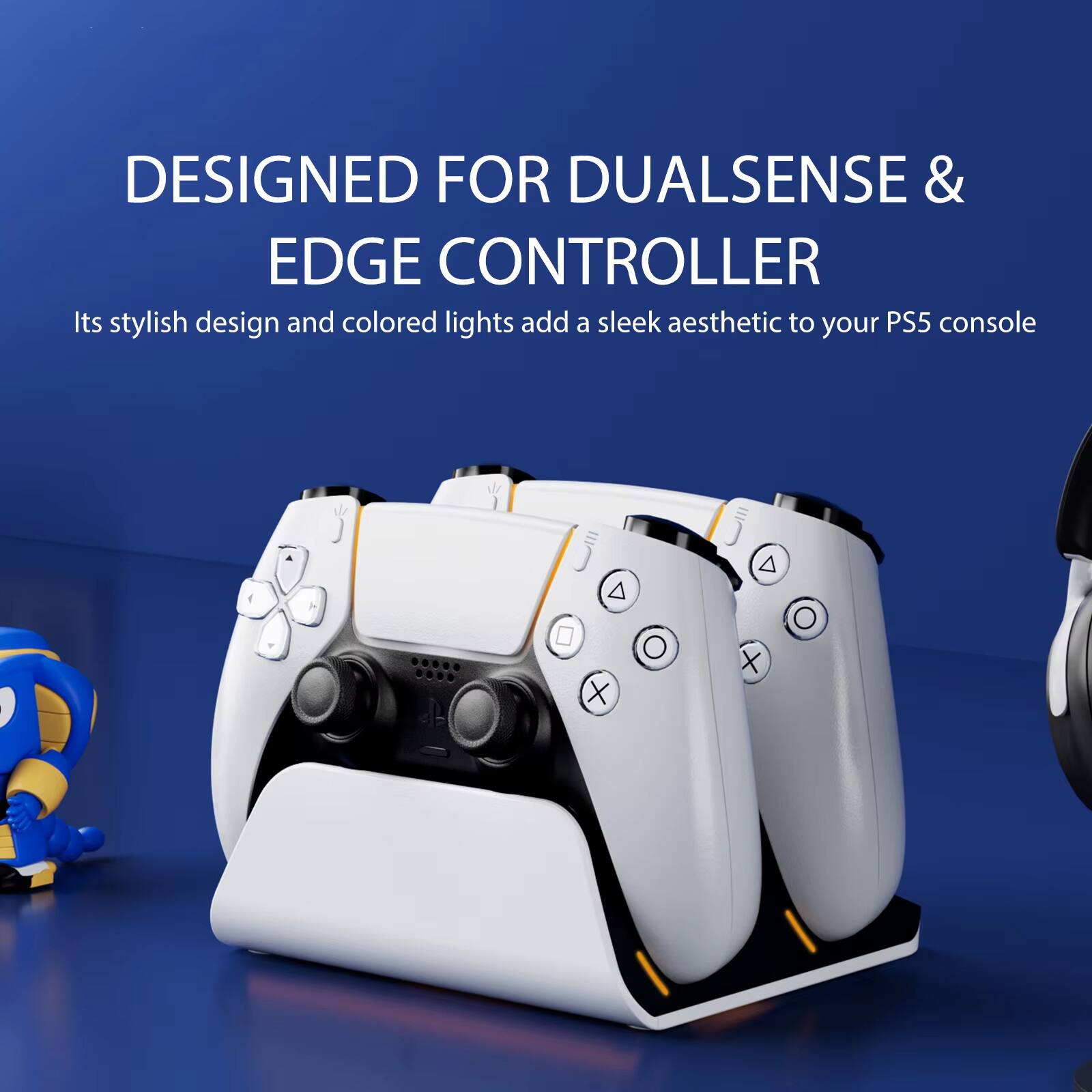 DESIGNED FOR DUALSENSE & EDGE CONTROLLER  
Its stylish design and colored lights add a sleek aesthetic to your PS5 console