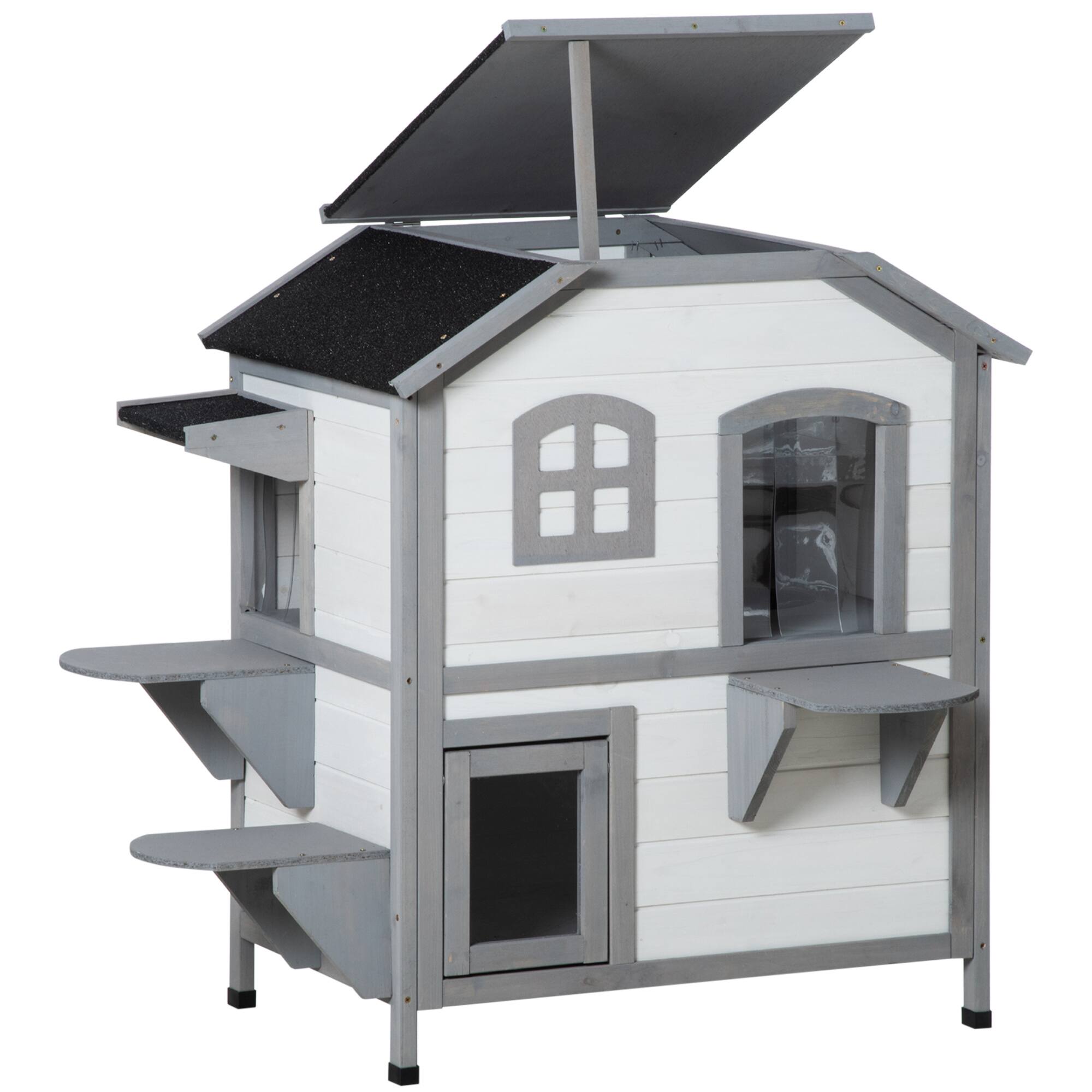 Alt View 6. Siljoy - 2‑Story Cat House with Asphalt Roof, Escape Door & Openable Top, Outdoor Catio for 1‑2 Cats.