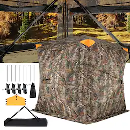 Costway - Hunting Blind 270° Silent See-Through with 90° Full-Open Swing Door Sliding Windows - Camouflage