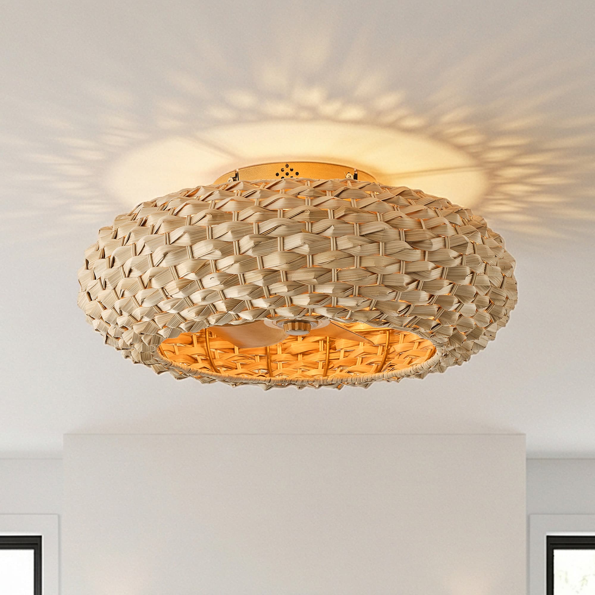 Vaczon - 20" Ceiling Fan with Light and Remote, Flush Mount Low Profile Rattan Ceiling Fan, 6-Speed, Woven Bamboo Shade - Natural Bamboo / Gold