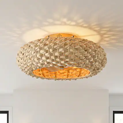 Front. Vaczon - 20" Ceiling Fan with Light and Remote, Flush Mount Low Profile Rattan Ceiling Fan, 6-Speed, Woven Bamboo Shade - Natural Bamboo / Gold.