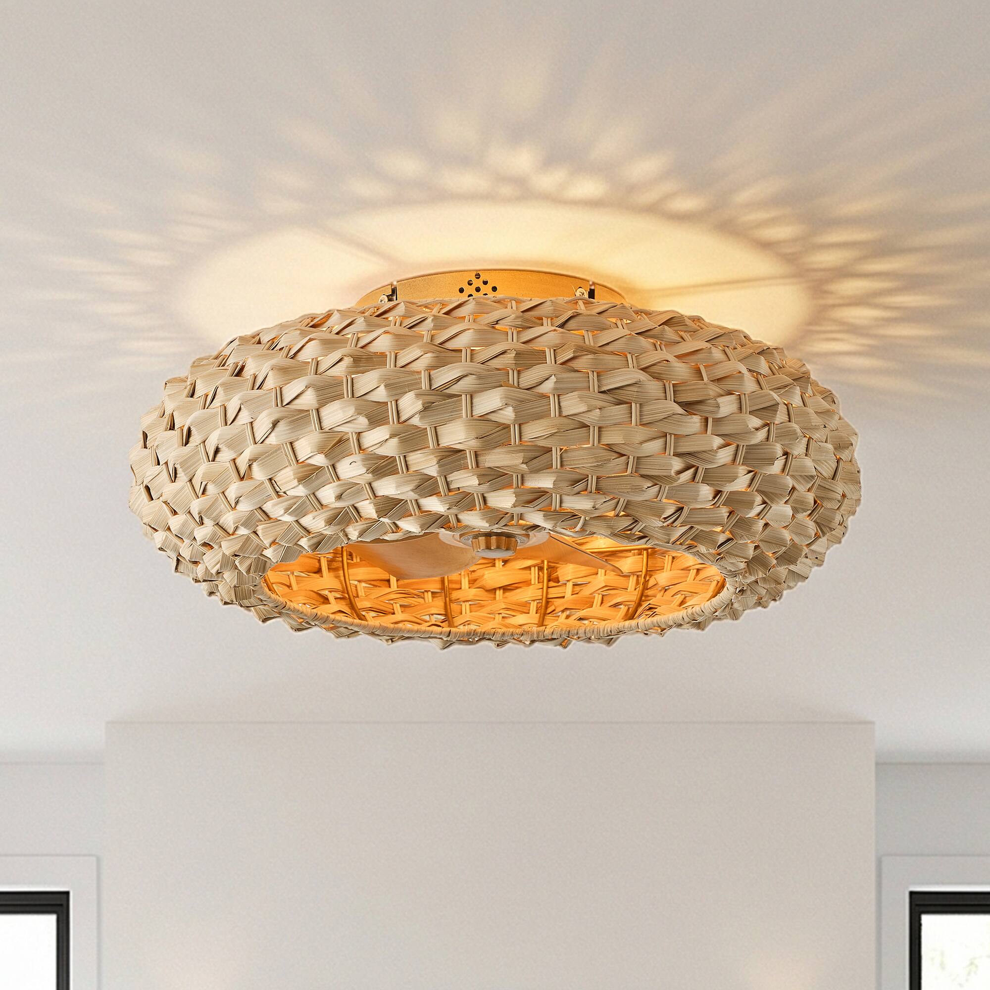 Front. Vaczon - 20" Ceiling Fan with Light and Remote, Flush Mount Low Profile Rattan Ceiling Fan, 6-Speed, Woven Bamboo Shade - Natural Bamboo / Gold.