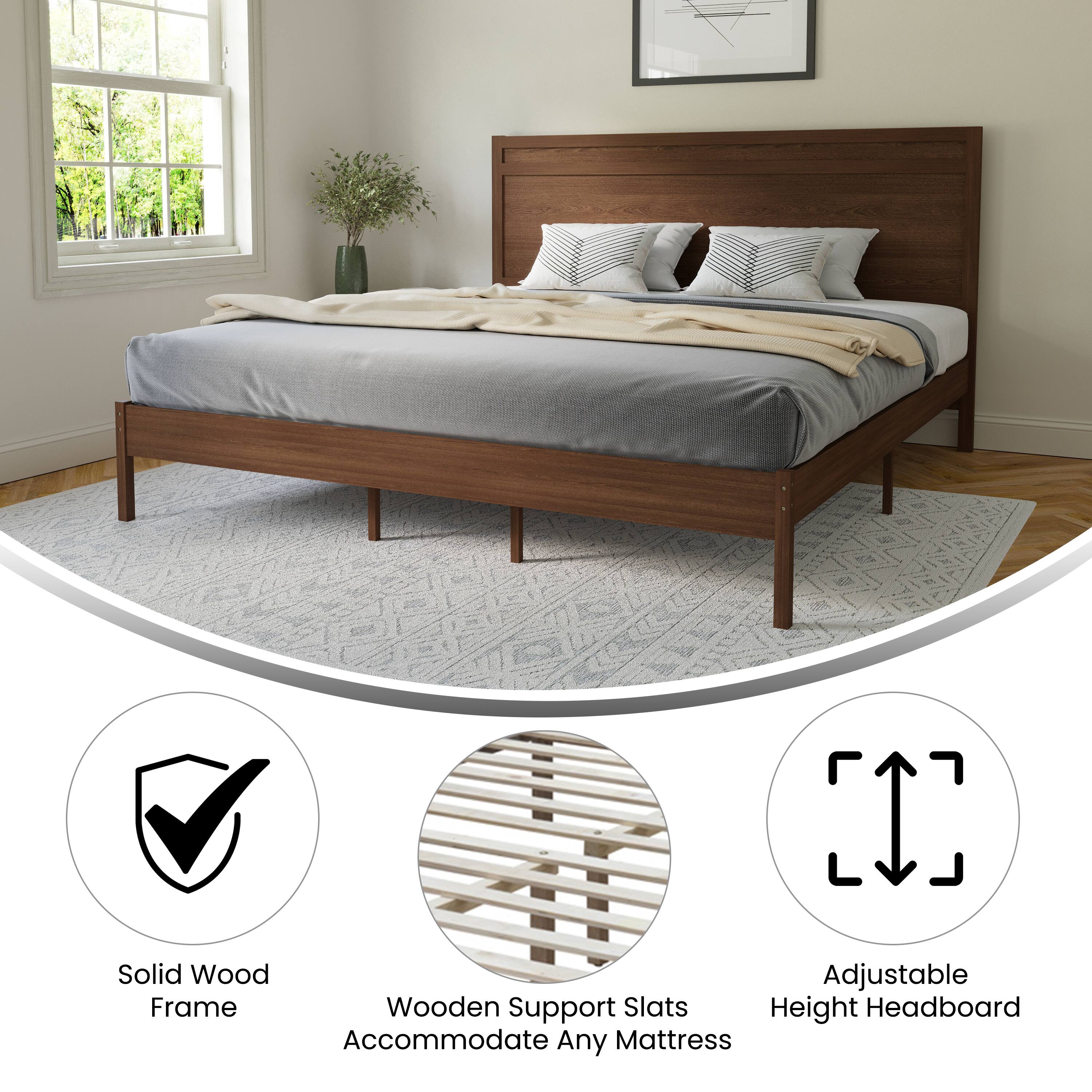 Solid Wood Adjustable Frame Wooden Support Slats Accommodate Any Mattress Height Headboard
