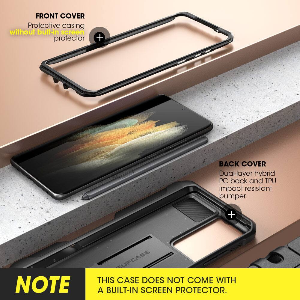 FRONT COVER  
Protective casing without built-in screen protector  

BACK COVER  
Dual-layer hybrid PC back and TPU impact resistant bumper  

NOTE  
THIS CASE DOES NOT COME WITH A BUILT-IN SCREEN PROTECTOR.