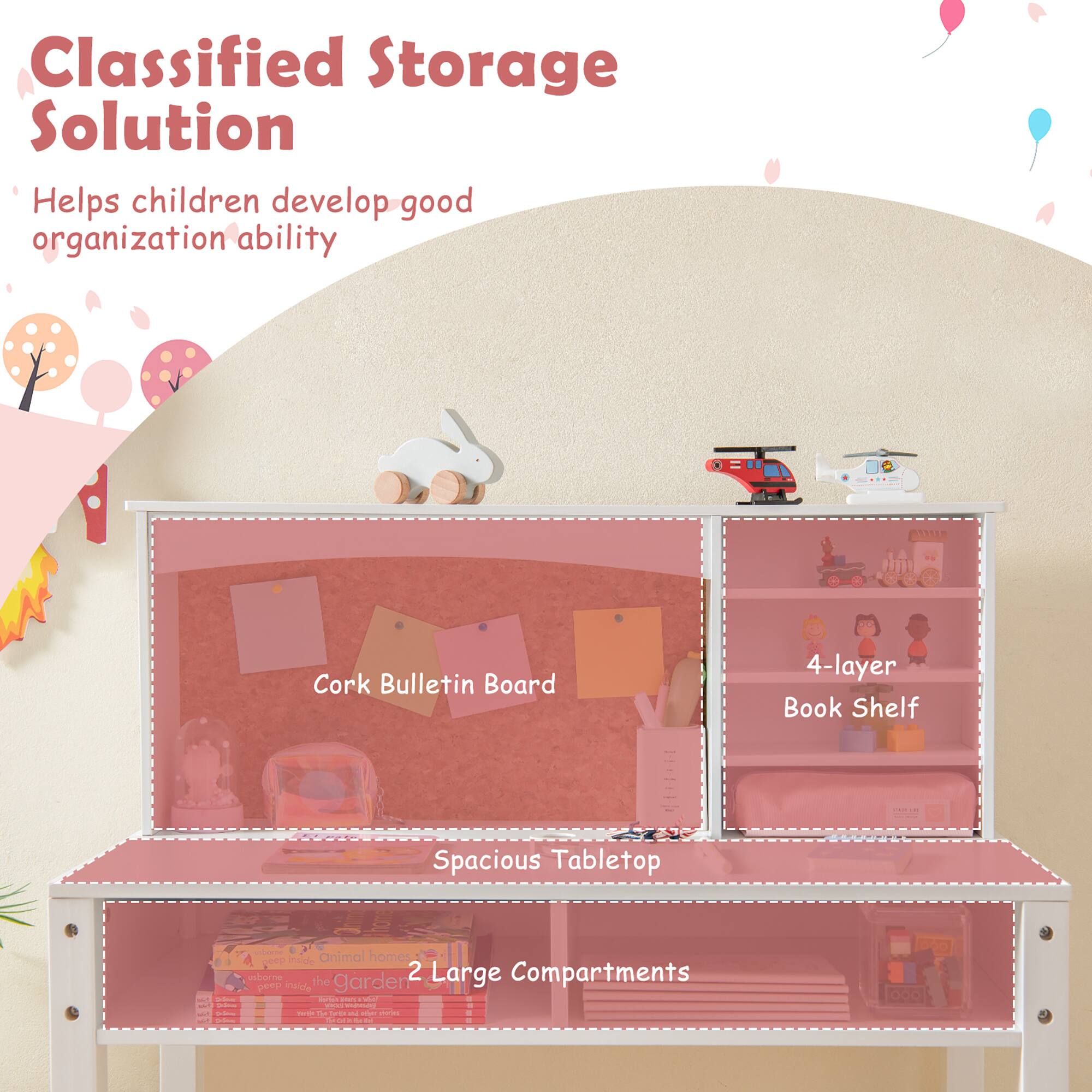 Classified Storage Solution  
Helps children develop good organization ability  

Cork Bulletin Board  
4-layer Book Shelf  
Spacious Tabletop  
2 Large Compartments