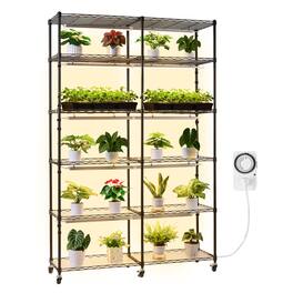 VEVOR - Plant Shelf with Grow Light, 6-Tier Double-Row Plant Stand, 71in Tall Indoor Plants Display Rack with Wheels & Timer - Black
