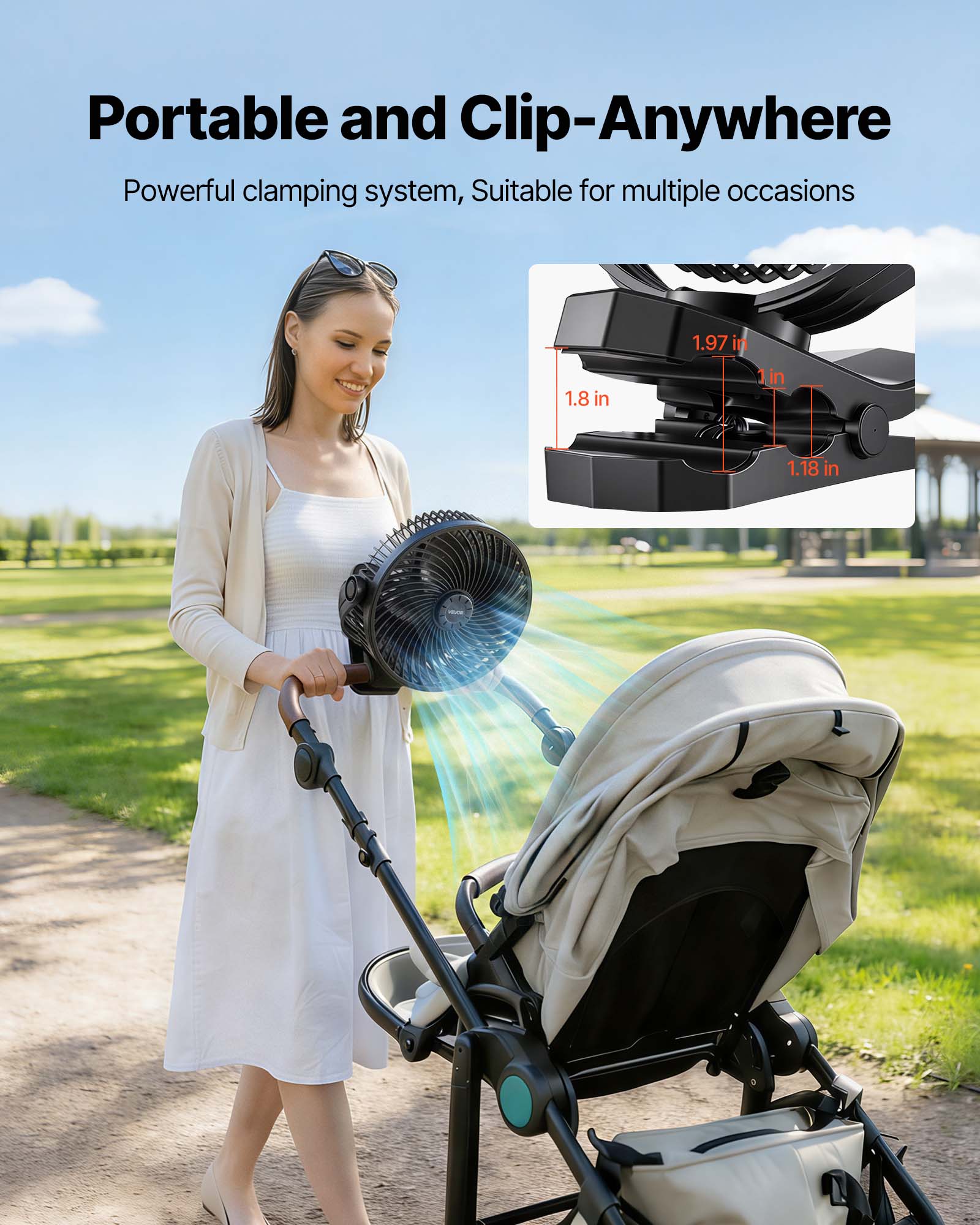 Portable and Clip-Anywhere  
Powerful clamping system, Suitable for multiple occasions  

1.8 in  
1.97 in  
1 in  
1.18 in