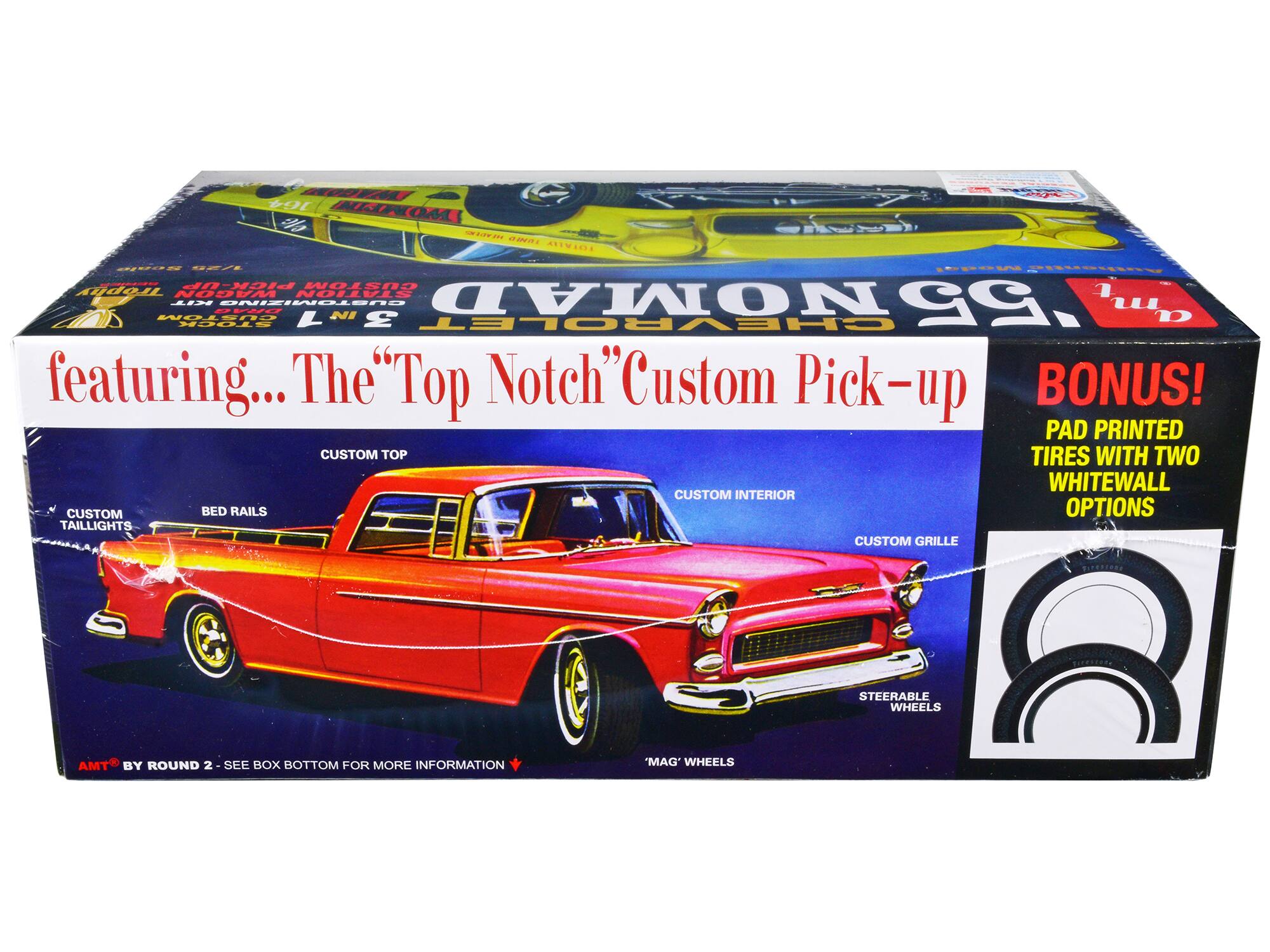 Sure, here is the corrected and grouped text from the image:

---

**CM 104 BINOM 4**  
**22 ATTVIOA 9R VE2 - Sat PIiN PICK-UP CUSTOM Trophy WAGON STATION 1 RIT -- ONIEINELENO NOMAD 55 u D MELSNO 3I1 STOK CHEVROLET**

**featuring... The "Top Notch" Custom Pick-up**

- **CUSTOM TOP**
- **CUSTOM INTERIOR**
- **CUSTOM BED RAILS**
- **CUSTOM TAILLIGHTS**
- **CUSTOM GRILLE**
- **STEERABLE WHEELS**
- **'MAG' WHEELS**

**BONUS!**  
**PAD PRINTED CUSTOM TOP TIRES WITH TWO WHITEWALL OPTIONS**

**AMT BY ROUND 2 - SEE BOX BOTTOM FOR MORE INFORMATION**

---

This text is organized to reflect the features and bonus items mentioned on the packaging.