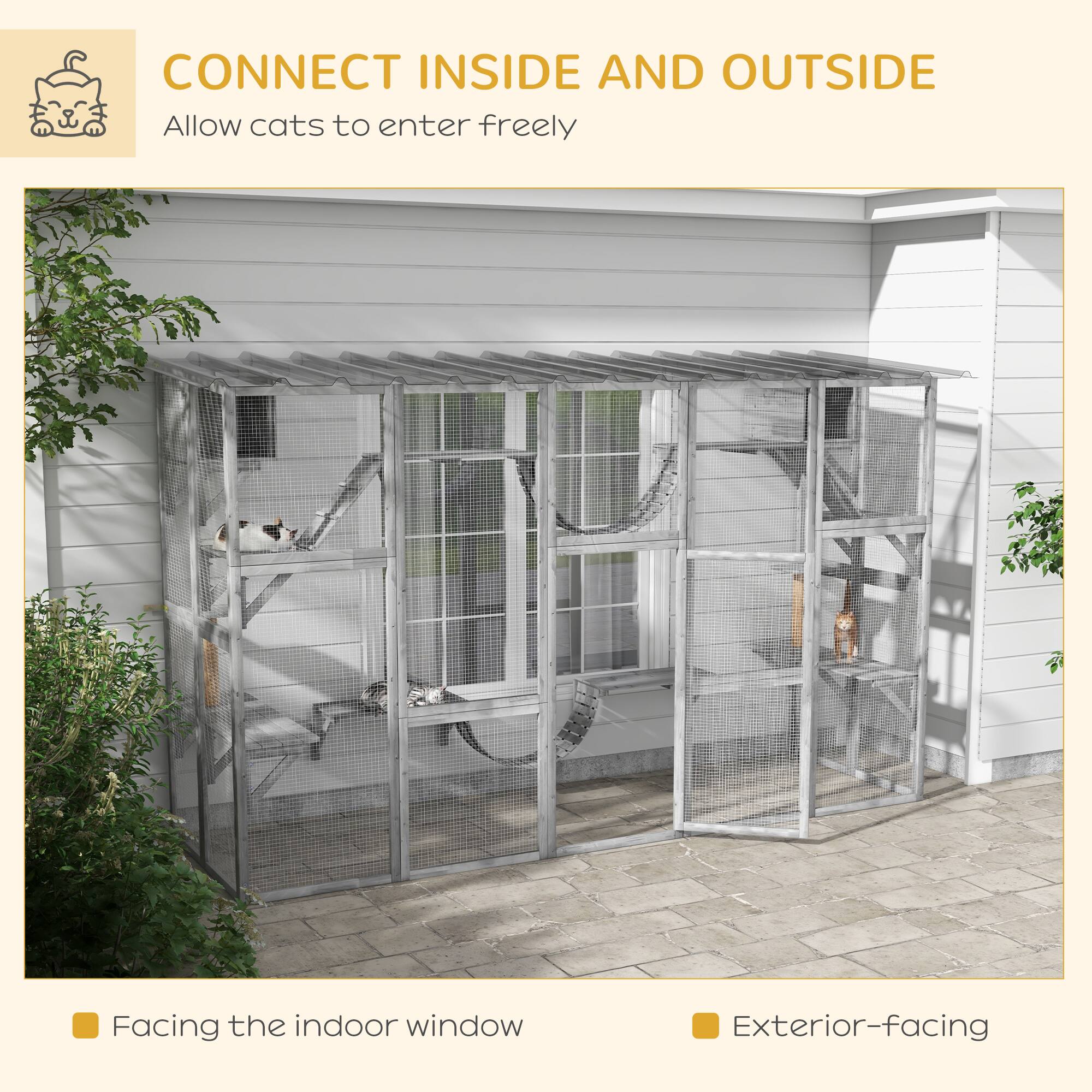 CONNECT INSIDE AND OUTSIDE  
Allow cats to enter freely  

- Facing the indoor window  
- Exterior-facing