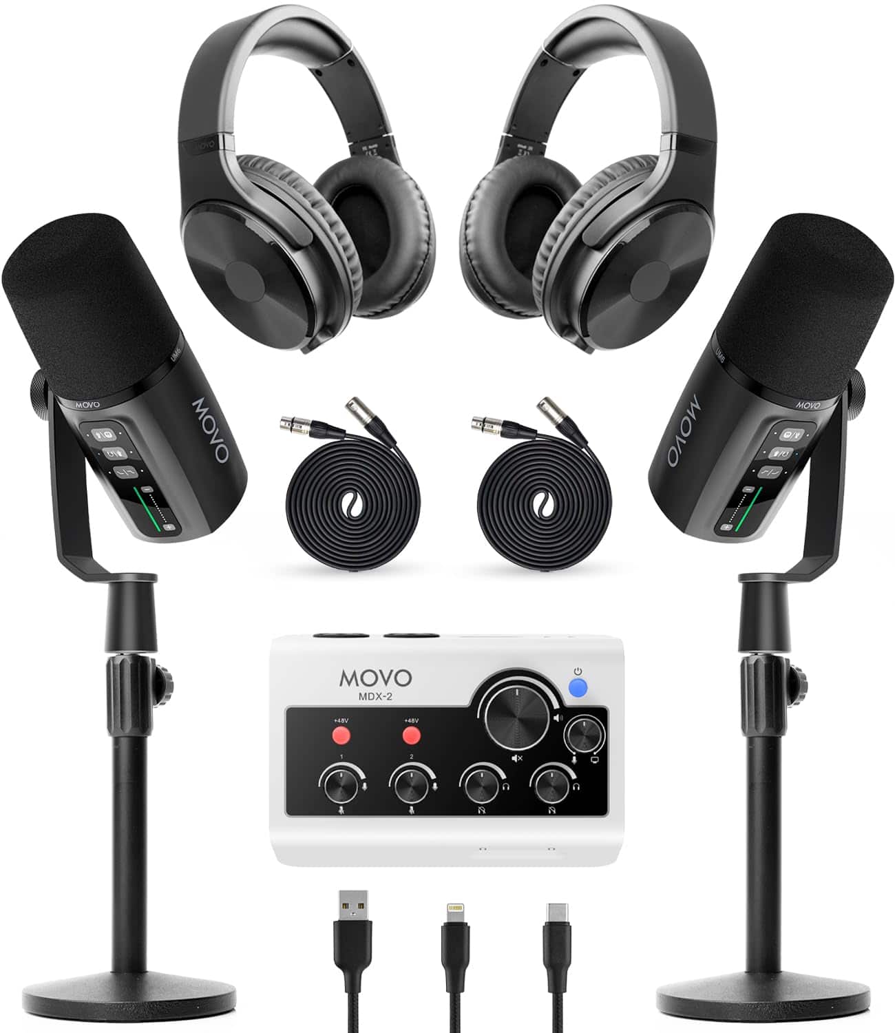 MOVO - Podcast Equipment Bundle for iPhone & Android with Audio Interface, 2 Dynamic Mics, 2 Headphones, and Table Stands