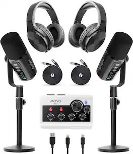 MOVO - Podcast Equipment Bundle for iPhone & Android with Audio Interface, 2 Dynamic Mics, 2 Headphones, and Table Stands