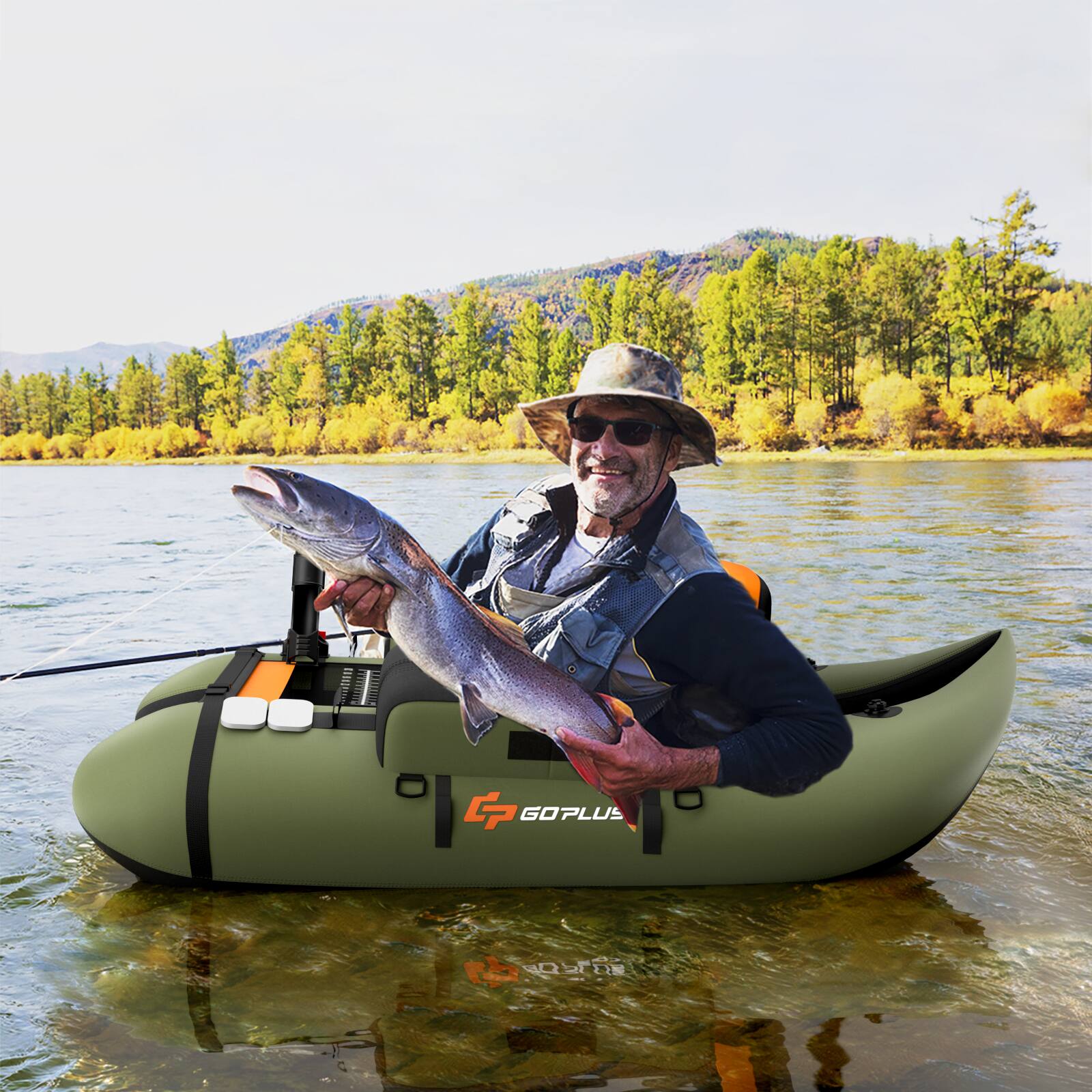 Alt View 1. Costway - Costway Inflatable Fishing Float Tube w/Pump & Storage Pockets & Fish Ruler - Green.