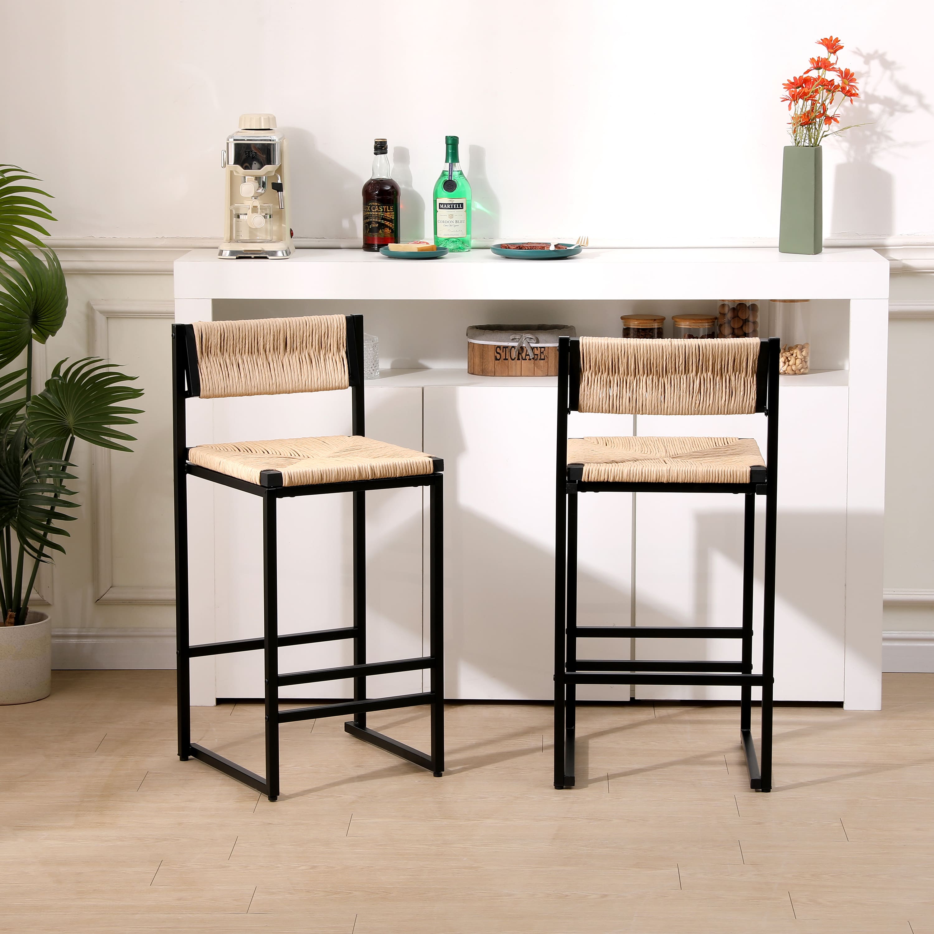 GOODSILO - Set of 2 Woven Bar Stools - Hand Weave Counter Stool with Footrest for Kitchen Island, Dining Room - Honey