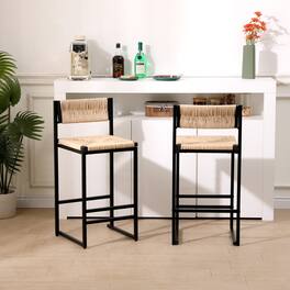 GOODSILO - Set of 2 Woven Bar Stools - Hand Weave Counter Stool with Footrest for Kitchen Island, Dining Room - Honey