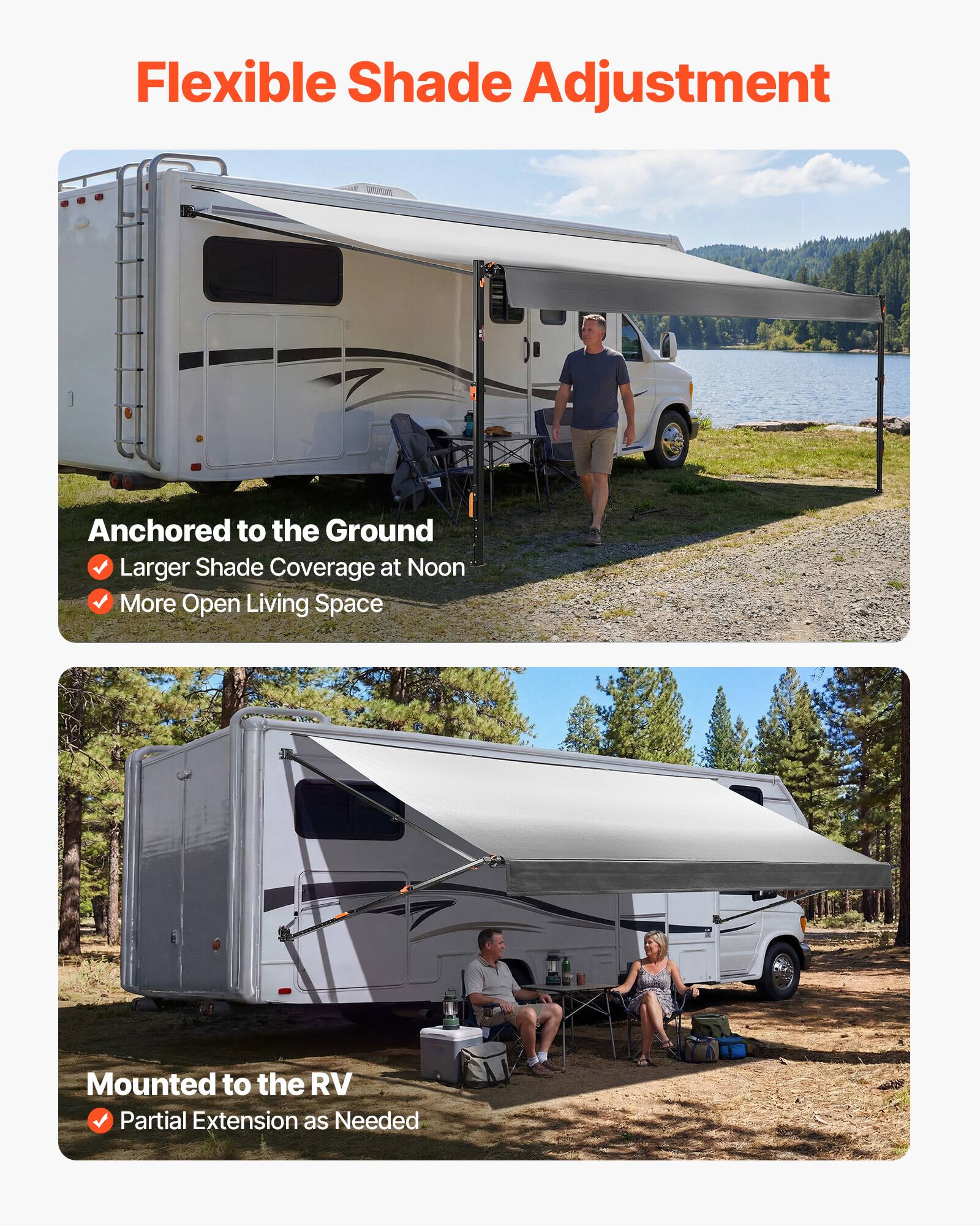 Flexible Shade Adjustment

- Anchored to the Ground
  - Larger Shade Coverage at Noon
  - More Open Living Space

- Mounted to the RV
  - Partial Extension as Needed