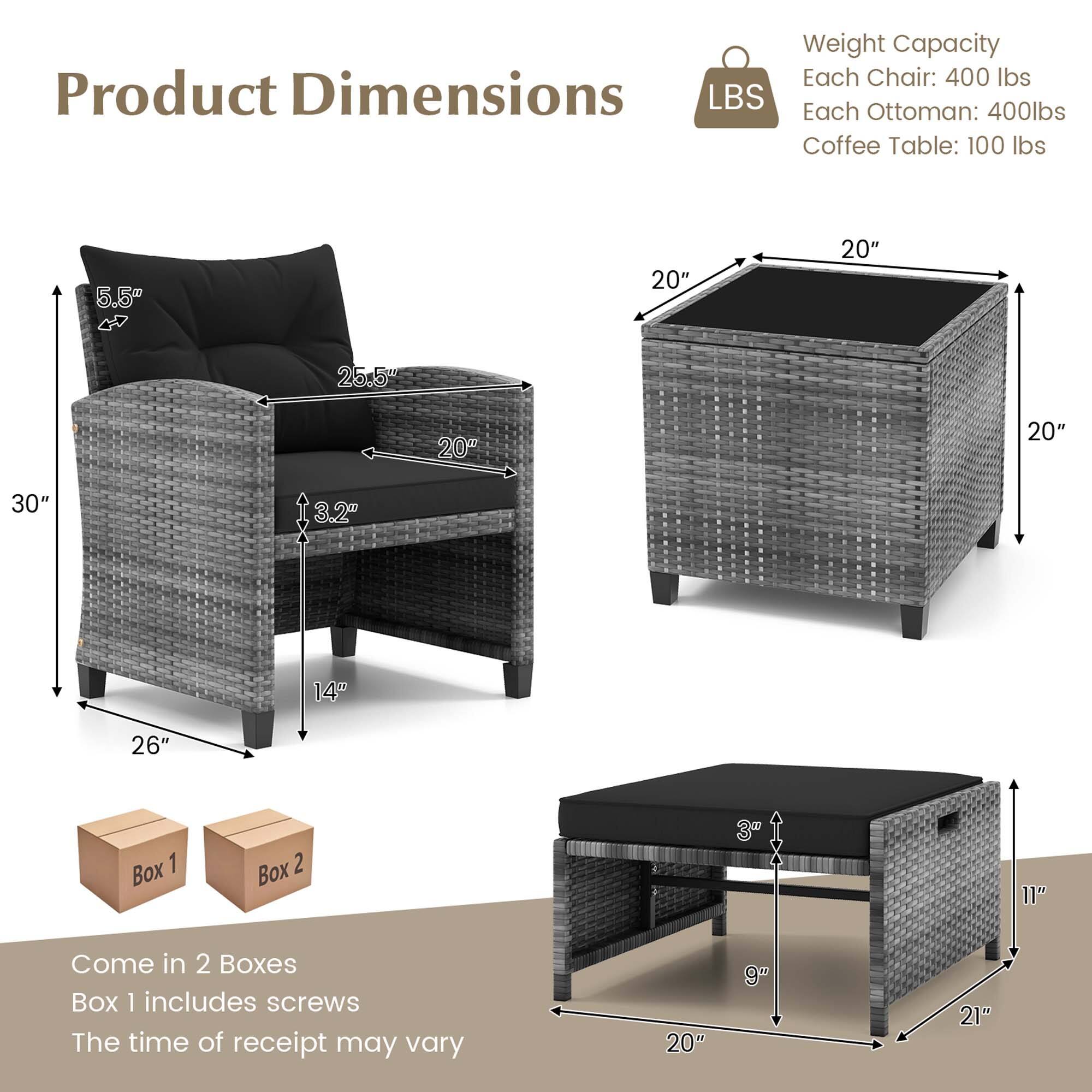 Weight Capacity Each Chair: 400 lbs Product Dimensions LBS Each Ottoman: 400 lbs Coffee Table: 100 lbs 5.5" E 20" 20" 25.5" 20t 20" 30" 3.2" 14" 26" Box 1 Box 2 3 11" Come in 2 Boxes Box 1 includes screws The time of receipt may vary 20" 9" 21"