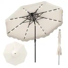 Costway - 10 FT Solar LED Patio Umbrella, Push-Button Tilt & Crank, 24 LED Lights & 8 Ribs - Beige
