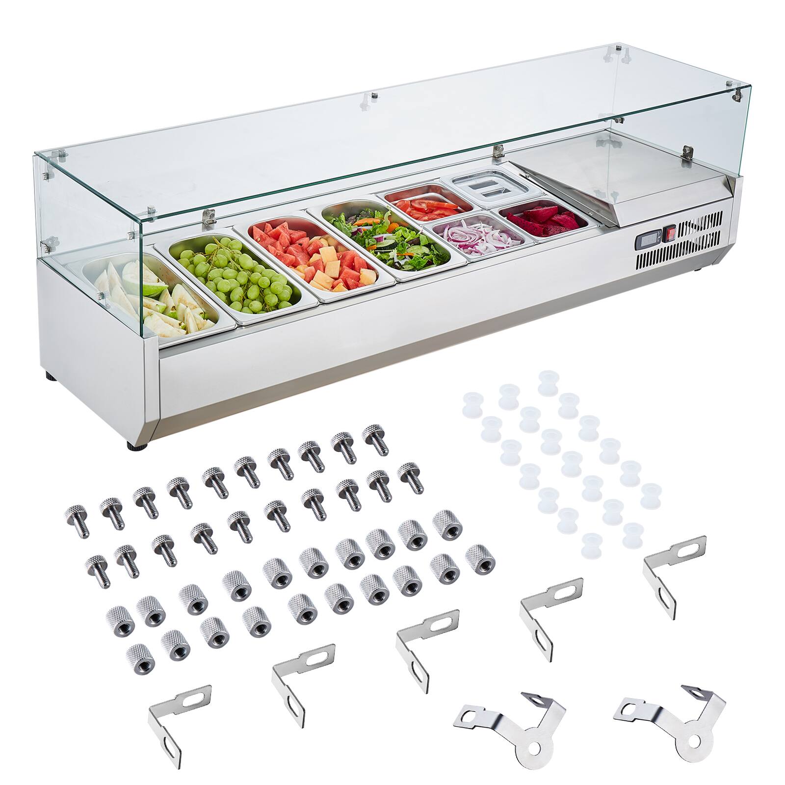 Alt View 5. VEVOR - Refrigerated Condiment Prep Station, 150 W Countertop Refrigerated Condiment Station, with 4 1/3 Pans & 4 1/6 Pans - Silver.