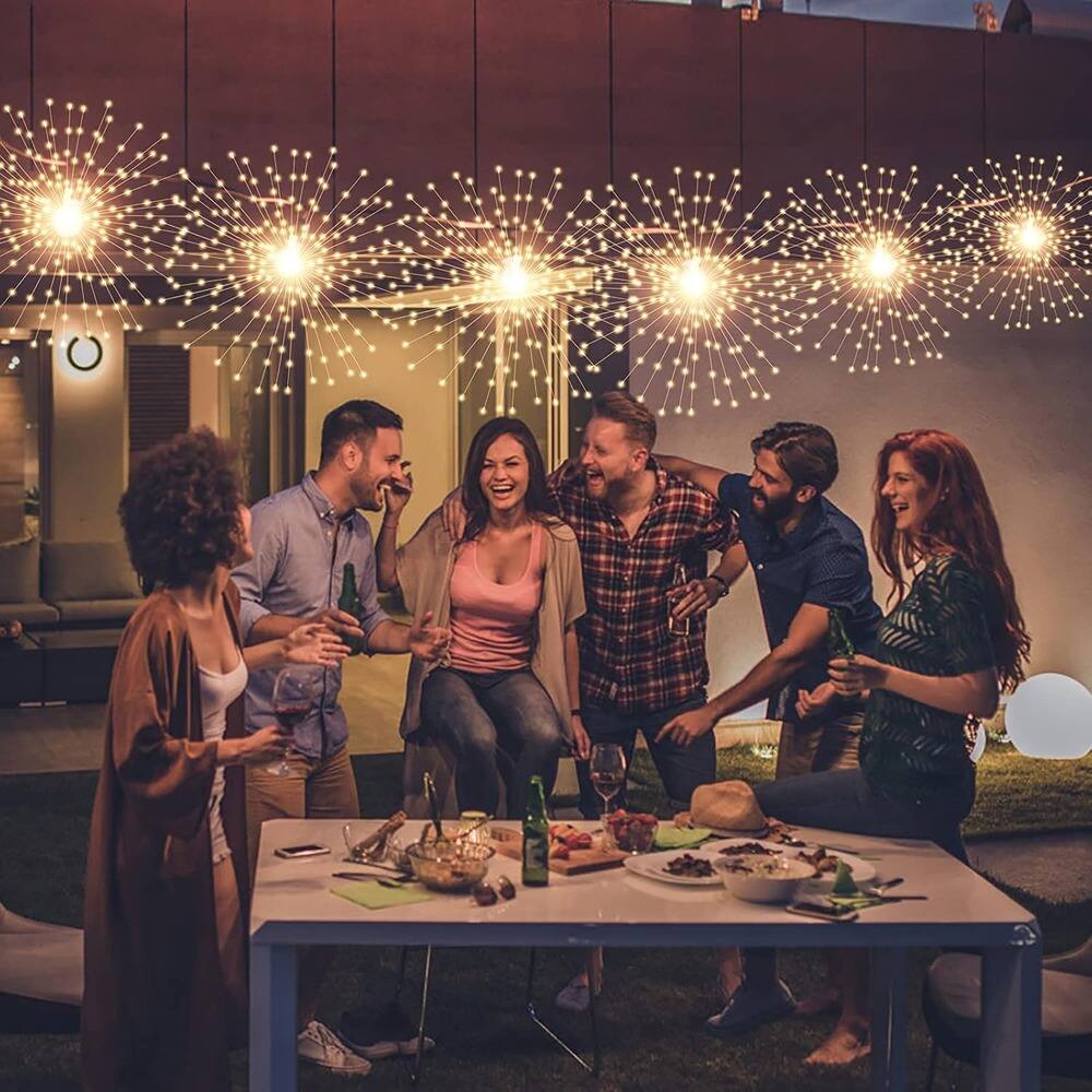 Left. RTMB - 4-Pack Starburst Sphere Lights, 200 LEDs, Copper Wire, Battery Operated - Color: 4 pcs Warm White Item Package Quantity: 1.