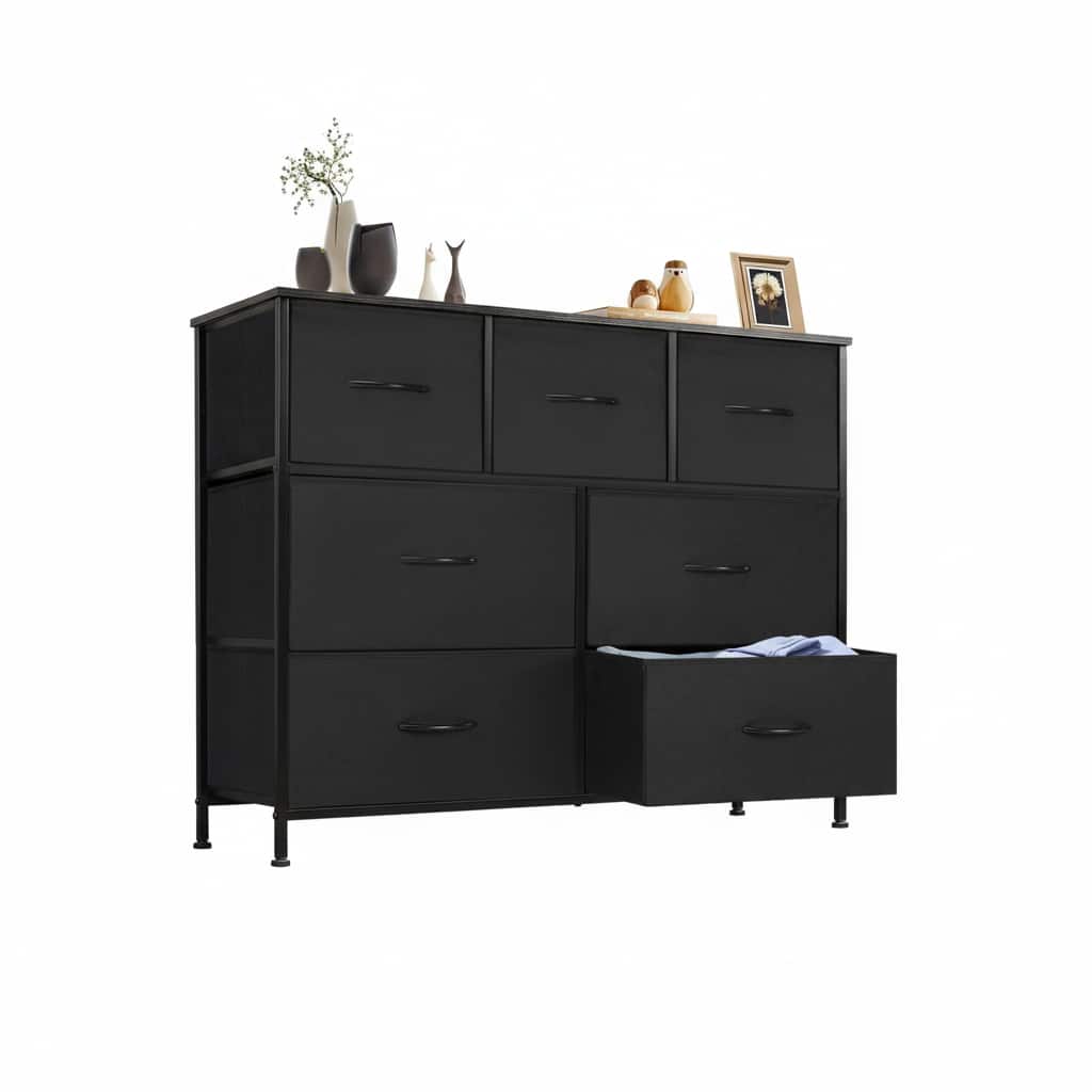 AOITUN - 7 Drawer Dresser for Bedroom, TV Stand for 45 Inch TV, Fabric Storage Chest with Wood Top, Sturdy Media Console - Black
