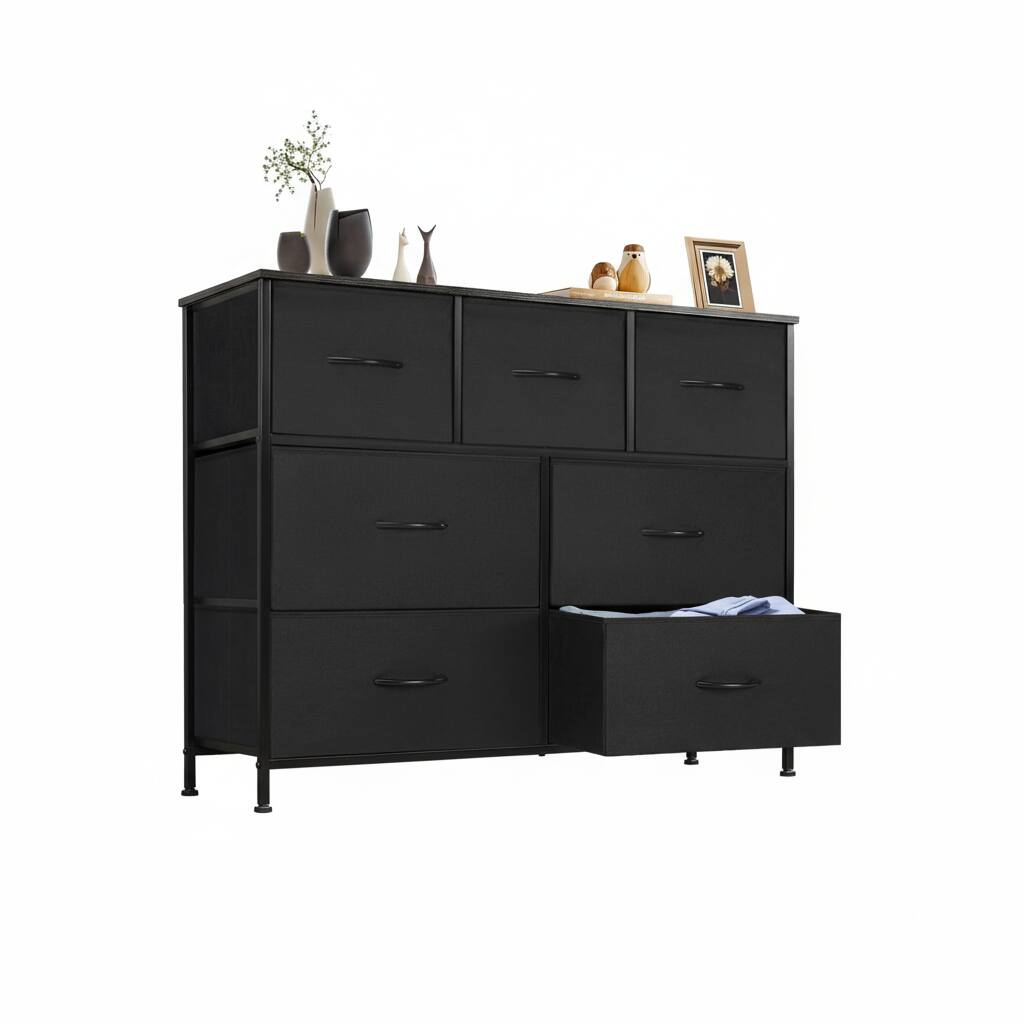 Front. AOITUN - 7 Drawer Dresser for Bedroom, TV Stand for 45 Inch TV, Fabric Storage Chest with Wood Top, Sturdy Media Console, Black - Black.