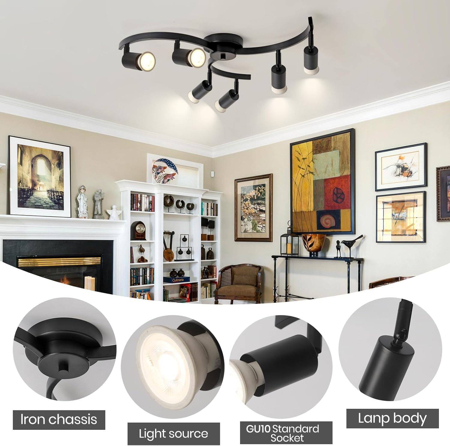 - Iron chassis
- Light source
- GU10 Standard Socket
- Lamp body