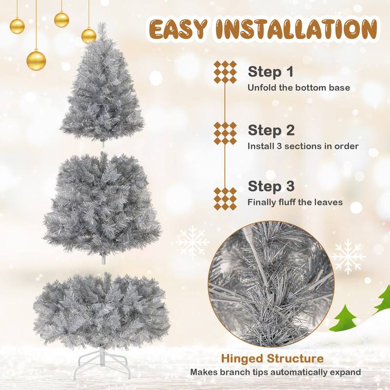 EASY INSTALLATION

Step 1: Unfold the bottom base
Step 2: Install 3 sections in order
Step 3: Finally fluff the leaves

Hinged Structure Makes branch tips automatically expand