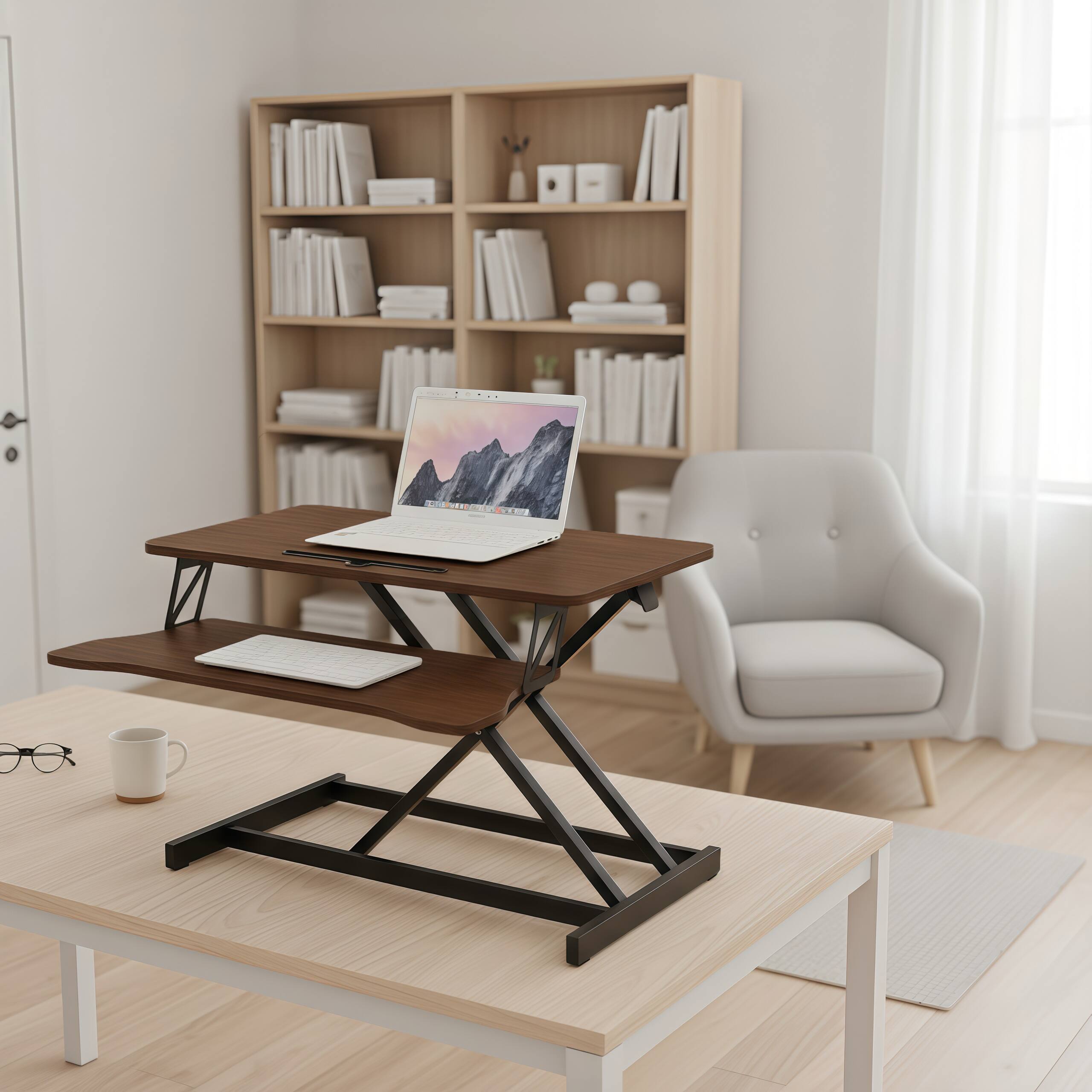 Alt View 2. Aukfa - 32" Height Adjustable Desk Converter - Dual Monitor & Laptop Stand, Wide Keyboard Tray. - Walnut.