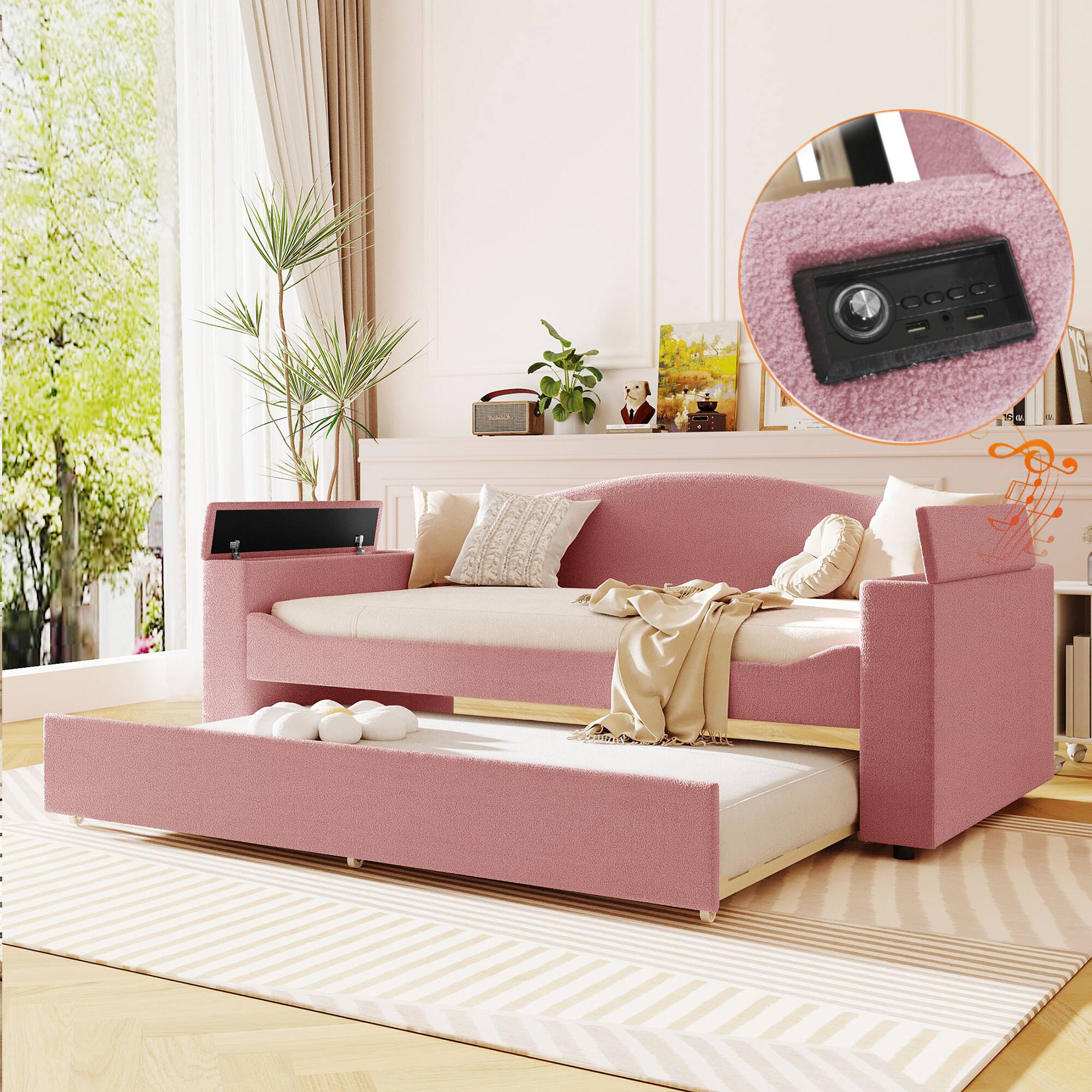 Back. Tiramisubest - Twin Size Upholstered Daybed with Storage Armrests, Trundle and Latest Integrated Bluetooth Audio System, Teddy Fleece - Pink.