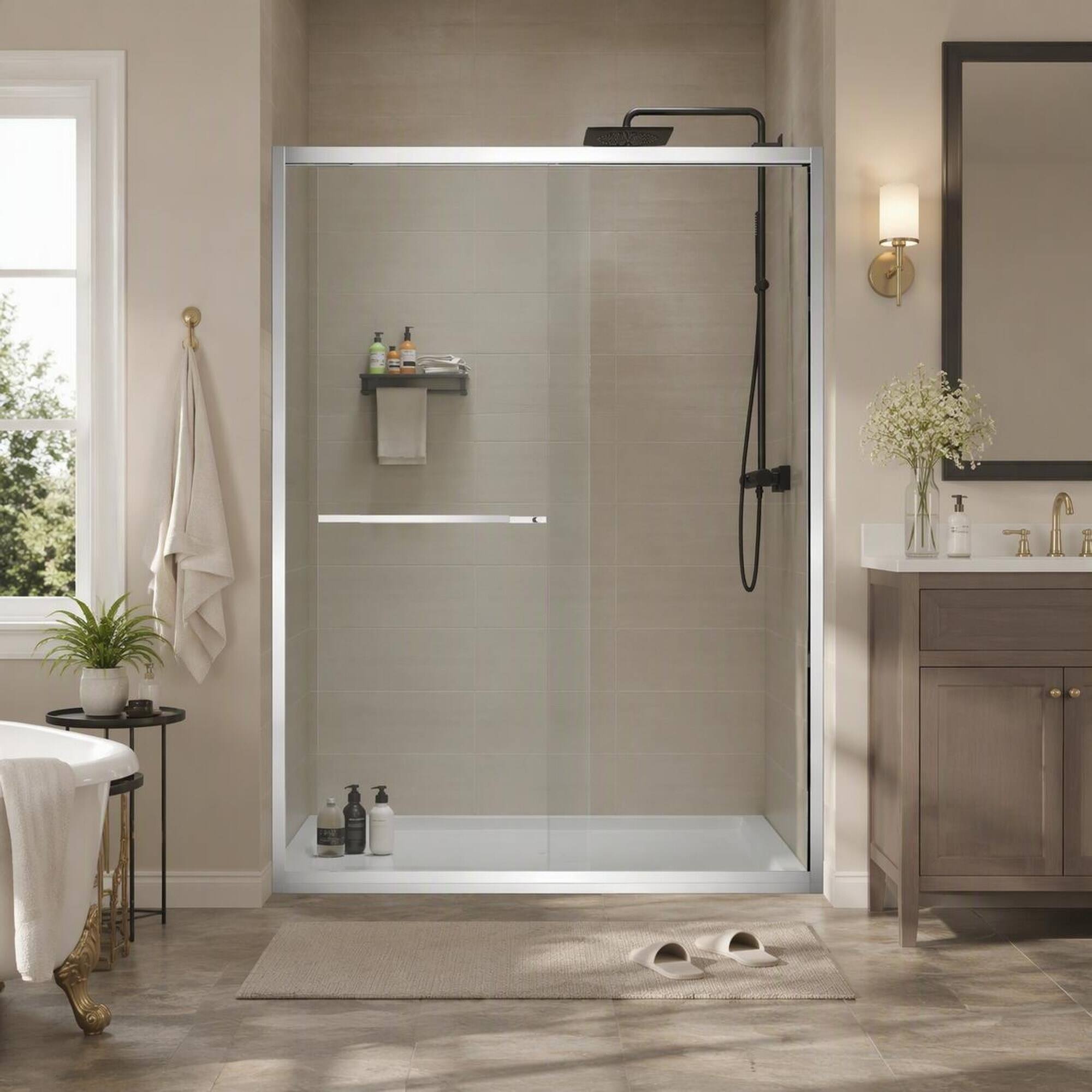 Left. RYHNUYNE - 56-60 In X 70 In Aluminum Frame Double Sliding Shower Door, 5/16 In Clear Tempered Glass Chrome Finish - Chrome.