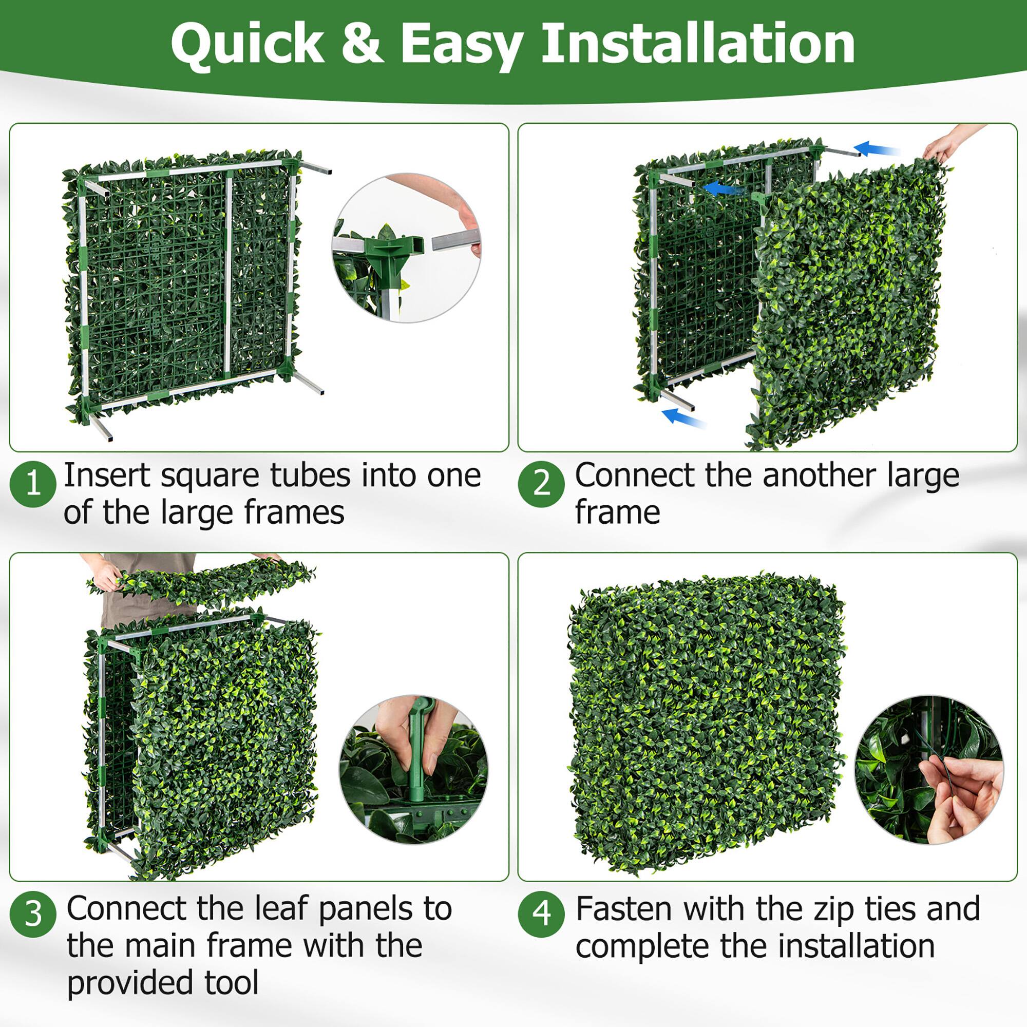 Quick & Easy Installation

1. Insert square tubes into one of the large frames
2. Connect the other large frame
3. Connect the leaf panels to the main frame with the provided tool
4. Fasten with the zip ties and complete the installation