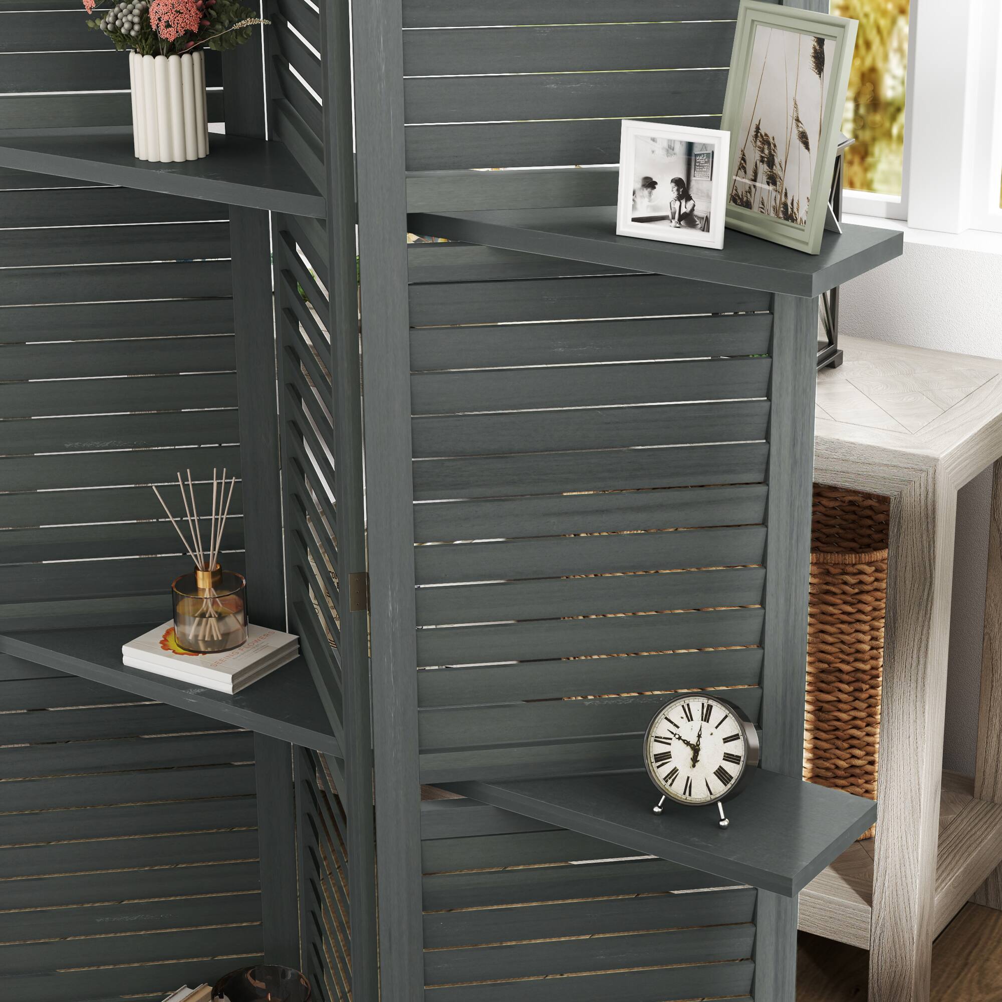 Alt View 8. Homcom - Room Divider, 5 Panel Wood Privacy Screen with Display Shelves and Folding Storage for Bedroom or Home Office - Gray.