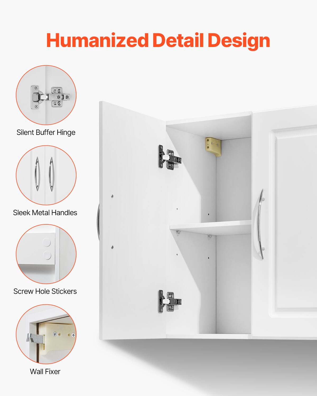 Humanized Detail Design

- Silent Buffer Hinge
- Sleek Metal Handles
- Screw Hole Stickers
- Wall Fixer