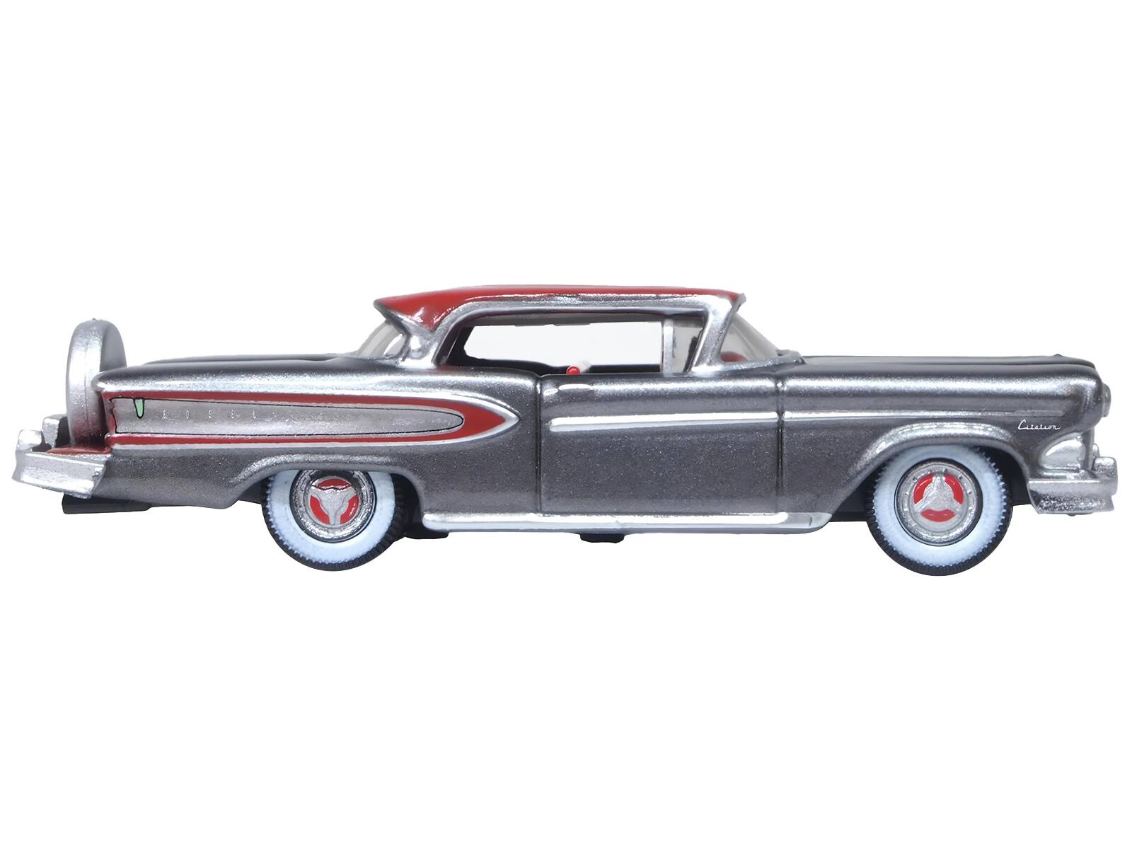 Angle. Oxford Diecast - 1958 Edsel Citation Silver Gray Metallic with Ember Red Top and Red Interior 1/87 (HO) Scale - Silver Gray Metallic With Ember Red.