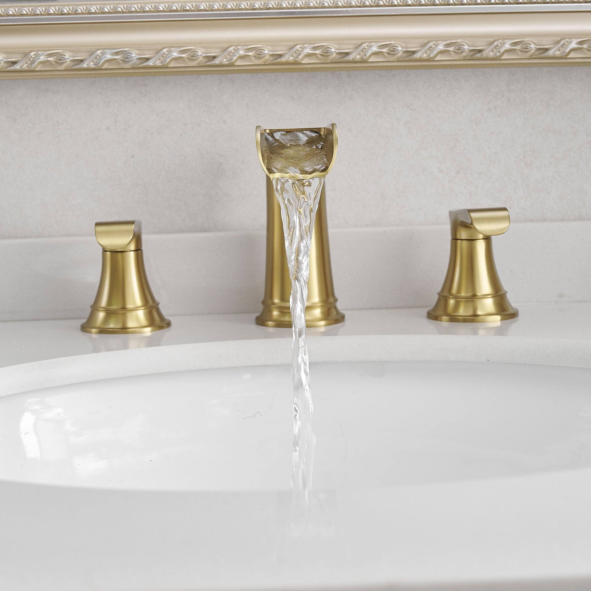 Back. Boyel Living - Waterfall 8 Inch Widespread Double Handle Brass Bathroom Faucet with Pop Up Drain and Water Supply Hoses in Brushed Gold - Brushed Gold.