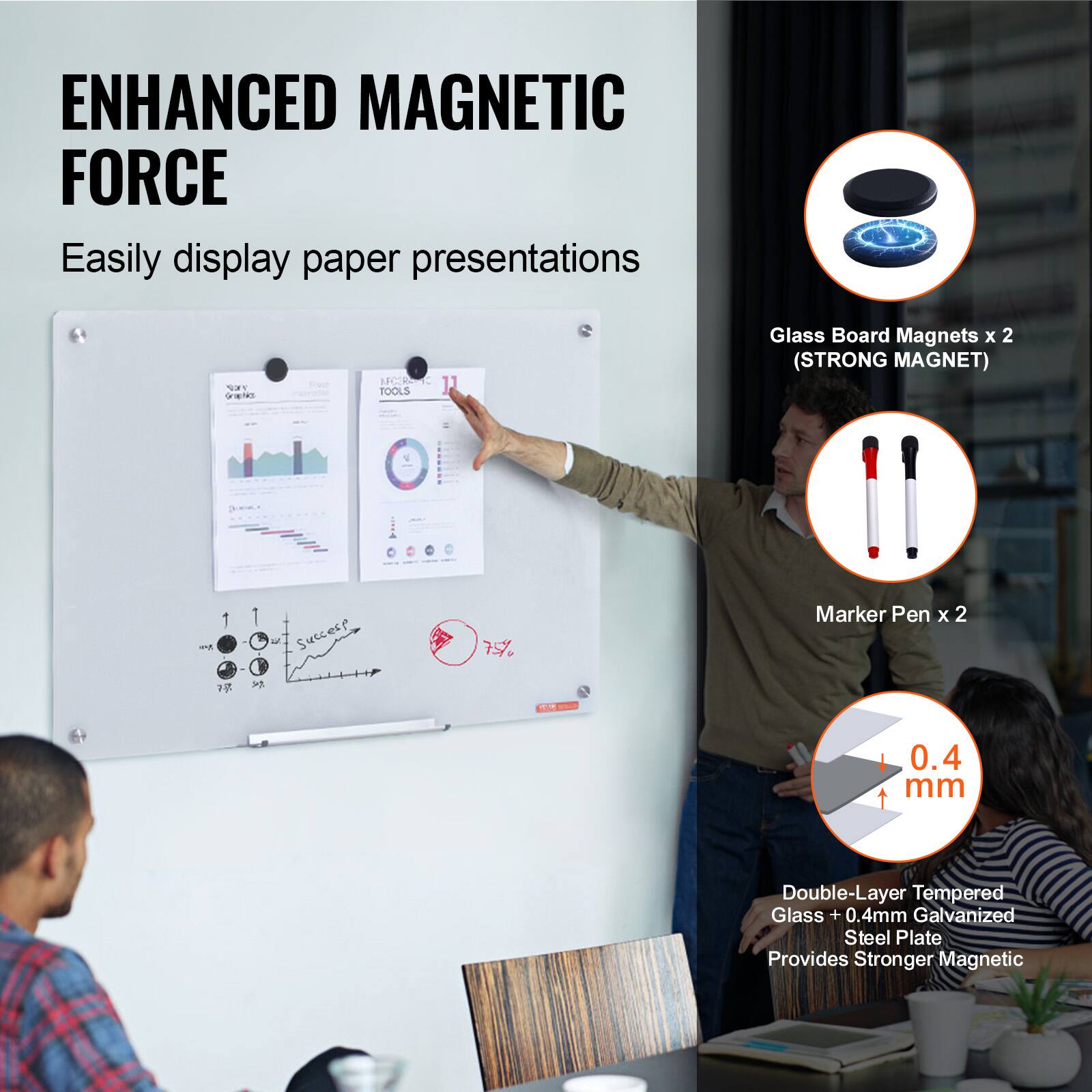 ENHANCED MAGNETIC FORCE  
Easily display paper presentations  

Glass Board Magnets x 2 (STRONG MAGNET)  
Marker Pen x 2  

Double-Layer Tempered Glass + 0.4mm Galvanized Steel Plate  
Provides Stronger Magnetic