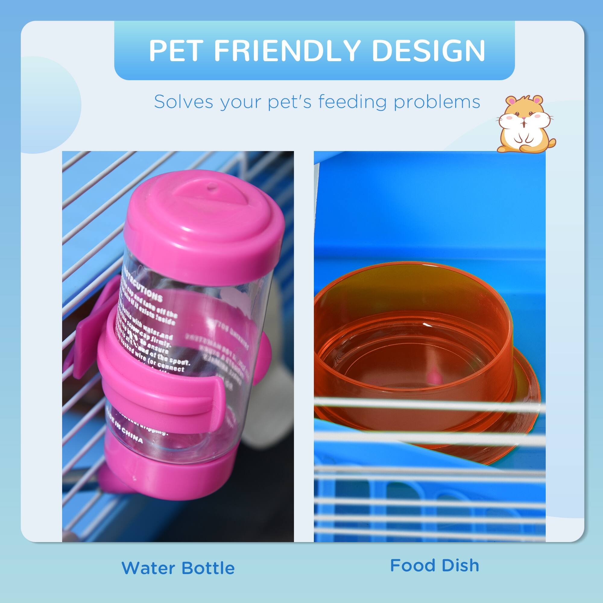 PET FRIENDLY DESIGN  
Solves your pet's feeding problems  

Water Bottle  
Food Dish