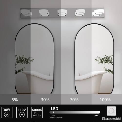 5% 30% 70% 100%  
30W  
110V  
6000K Cool white LED  
5% Dimming Drive  
100% (Dimmer switch)