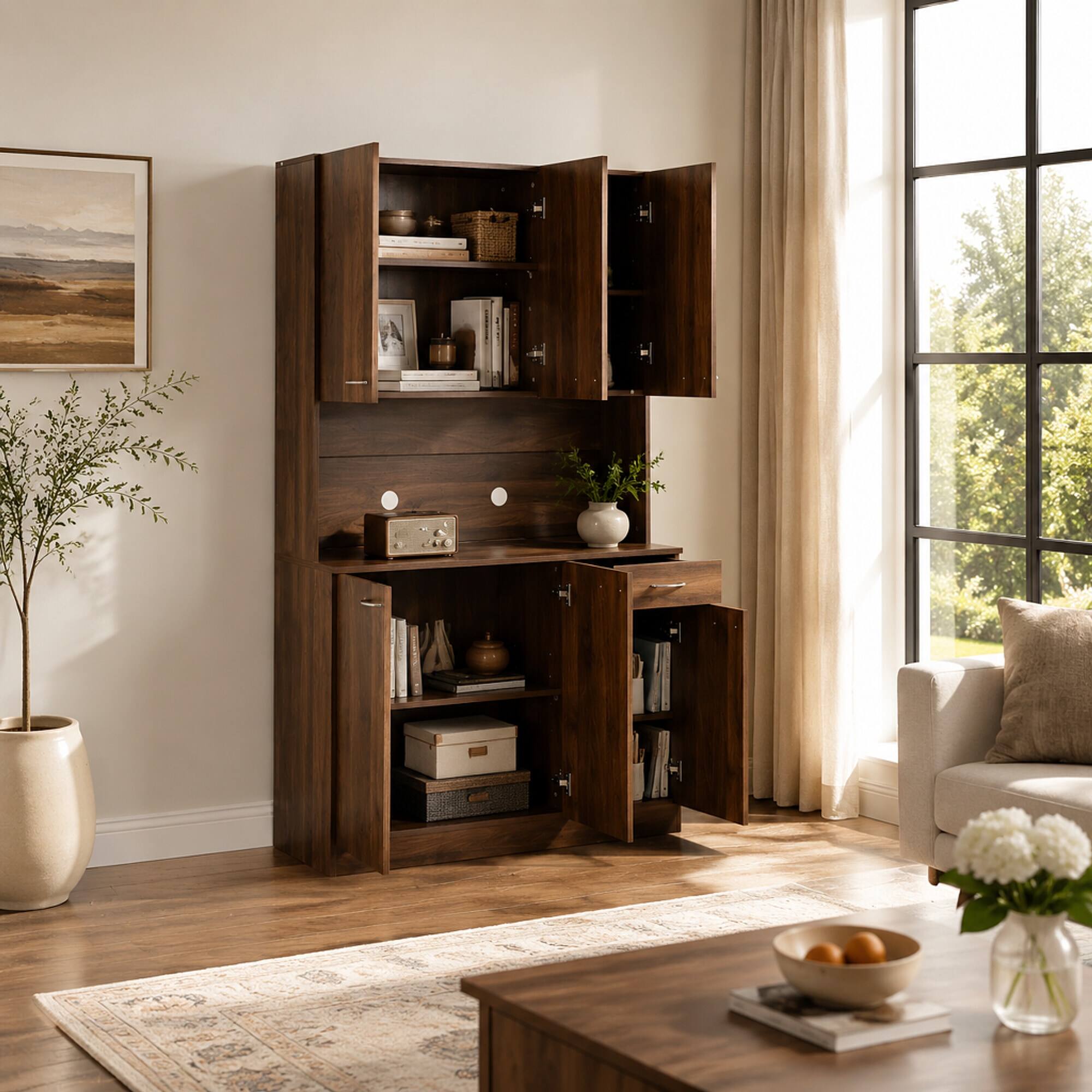 Back. RYHNUYNE - Freestanding 70.87 Inch Tall Wardrobe and Kitchen Cabinet with 6 Doors and 1 Drawer, Walnut - Walnut.