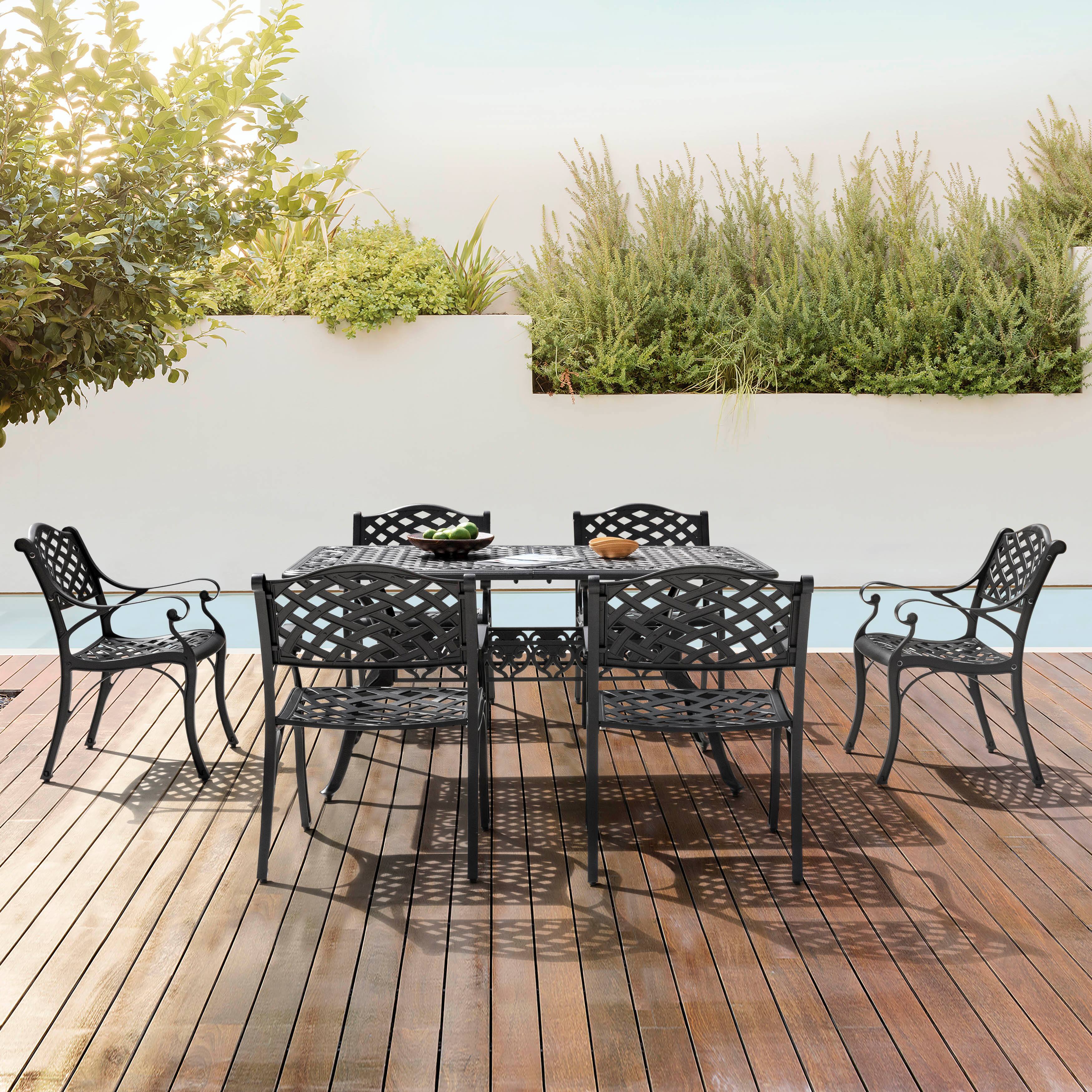 Back. Nuu Garden - Outdoor Rectangle Cast Aluminum Dining Table with 2.1'' Umbrella Hole - Black.