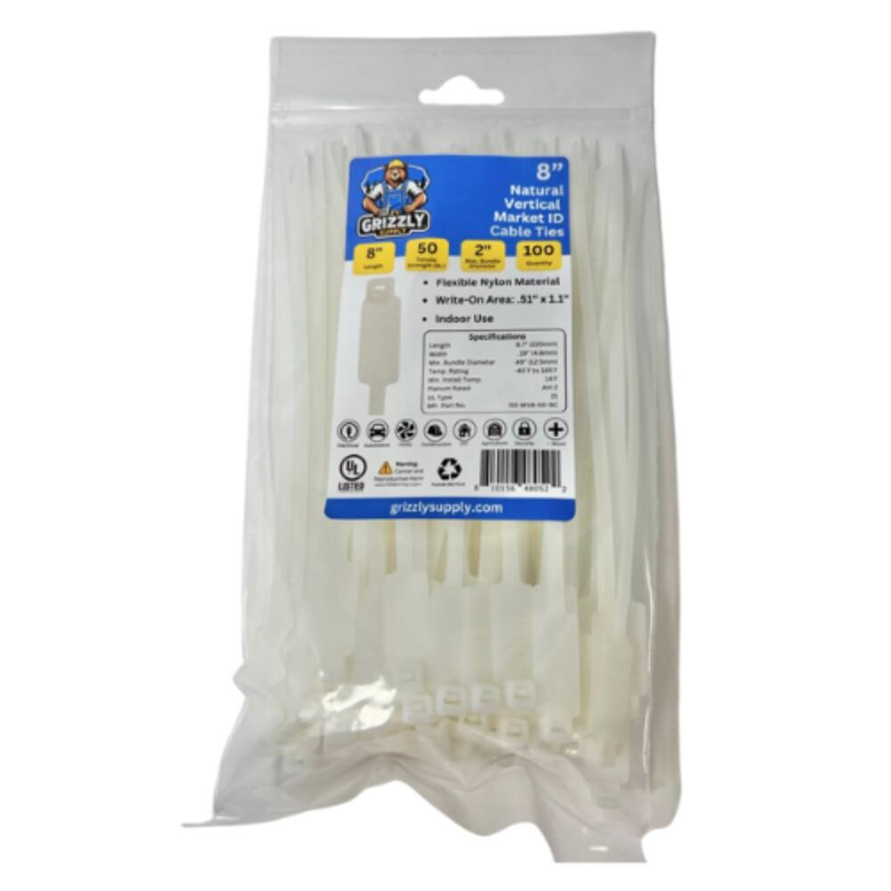 Grizzly 8" 50 8" Natural Vertical Market ID Cable Ties 2" 100 Flexible Nylon Material Write-On Area: 51.11 Indoor Use Specification Line: grizzlysupply.com