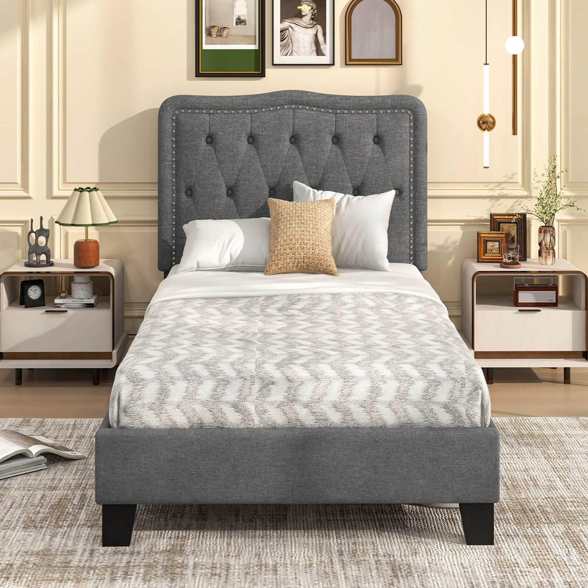 Alt View 4. Costway - Twin Size Bed Frame with 46" Tall Button Tufted Headboard Wooden Slats Support - Gray.
