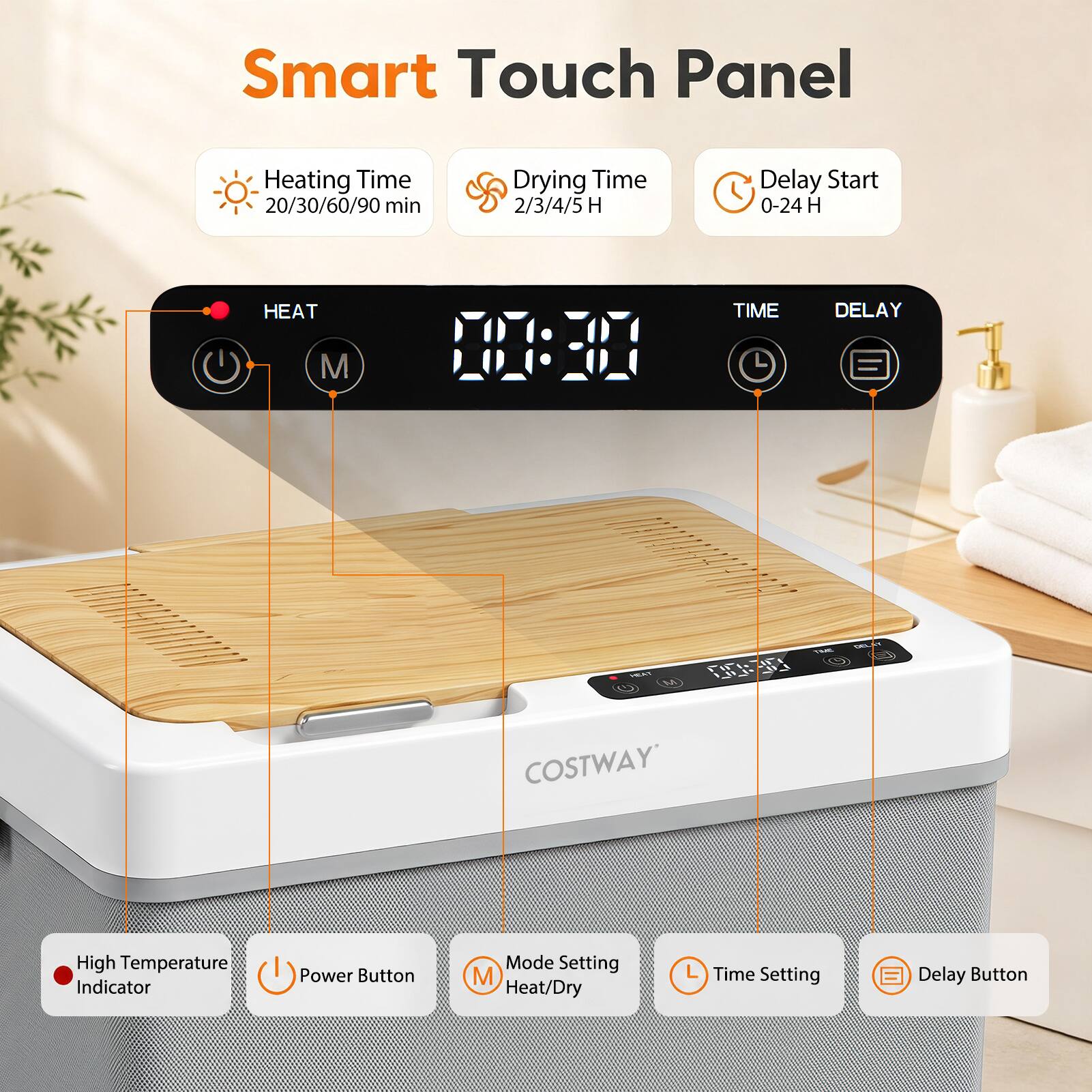 Smart Touch Panel

Heating Time 20/30/60/90 min  
Drying Time 2/3/4/5 H  
Delay Start 0-24 H  

HEAT  
TIME  
DELAY  

High Temperature Indicator  
Power Button  
Mode Setting M Heat/Dry  
Time Setting  
Delay Button