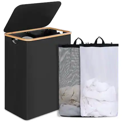Front. Dapper Styles - Laundry Basket With Lid And Removable Bag 100l Tall Hamper Handles Aesthetic Dirty Clothes Bin For Room Bat... - Black-160L-2 sections.