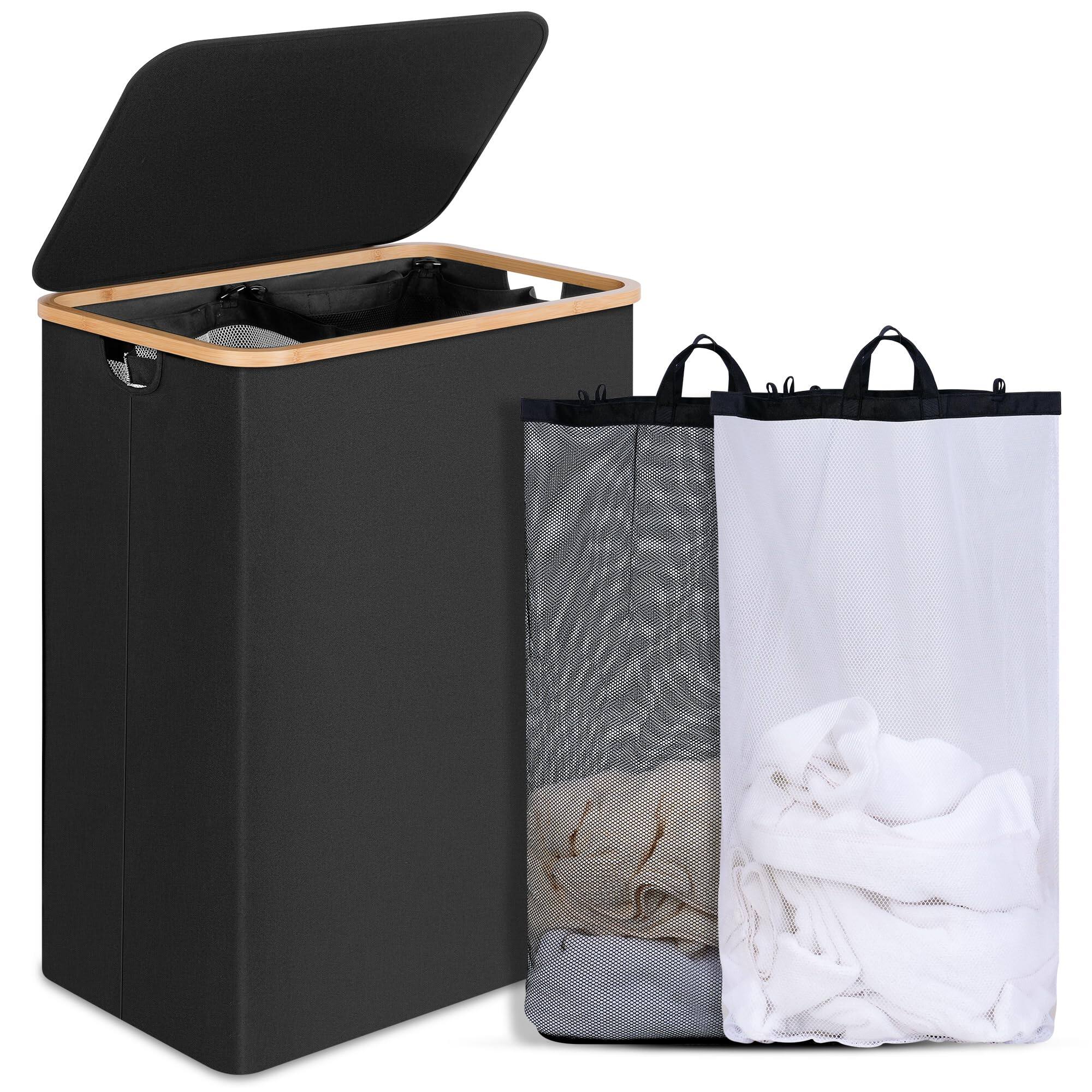 Front. Dapper Styles - Laundry Basket With Lid And Removable Bag 100l Tall Hamper Handles Aesthetic Dirty Clothes Bin For Room Bat... - Black-160L-2 sections.