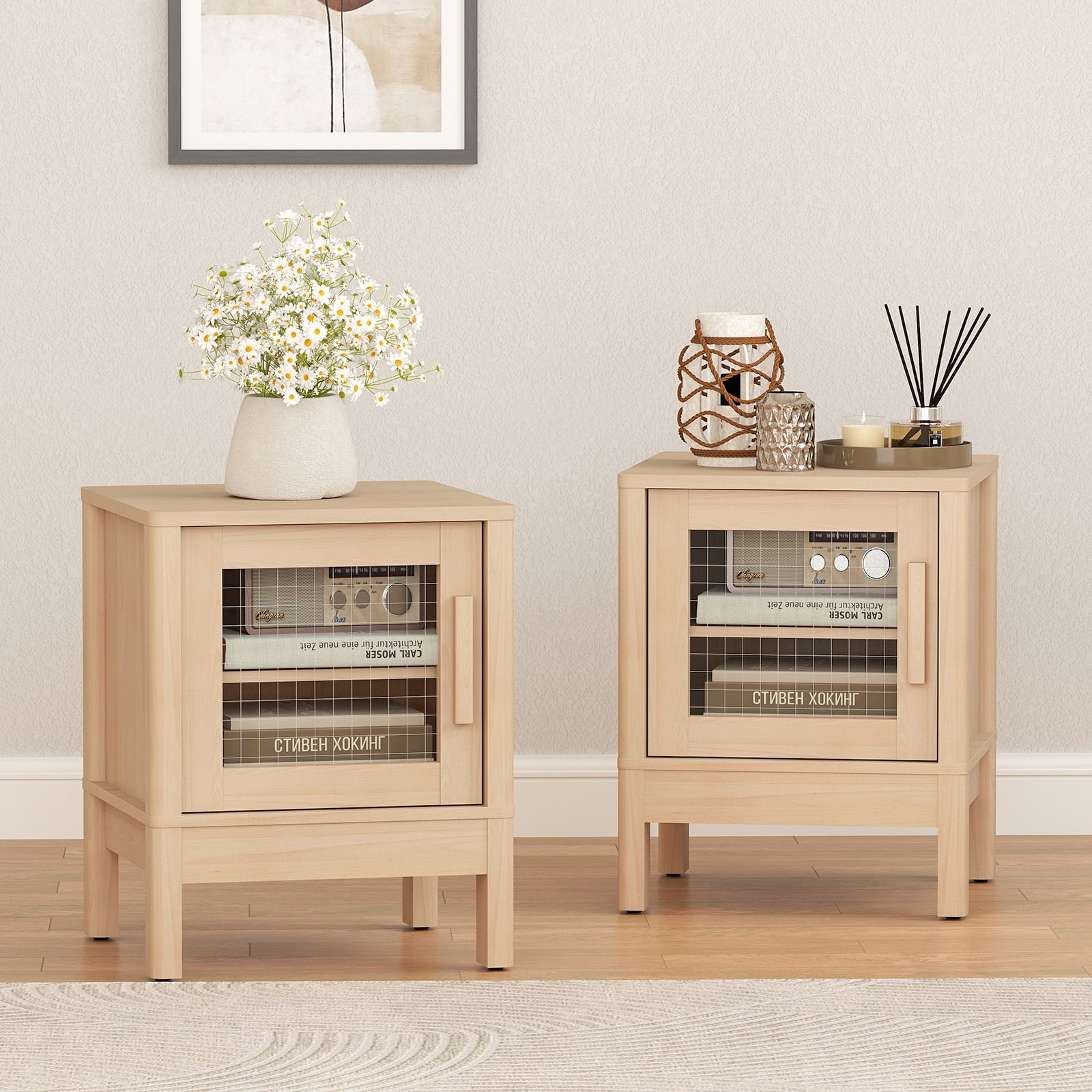 Bestier - Modern Nightstand with Clear Acrylic Panel & Large Storage Space，Set of 2 - wooden